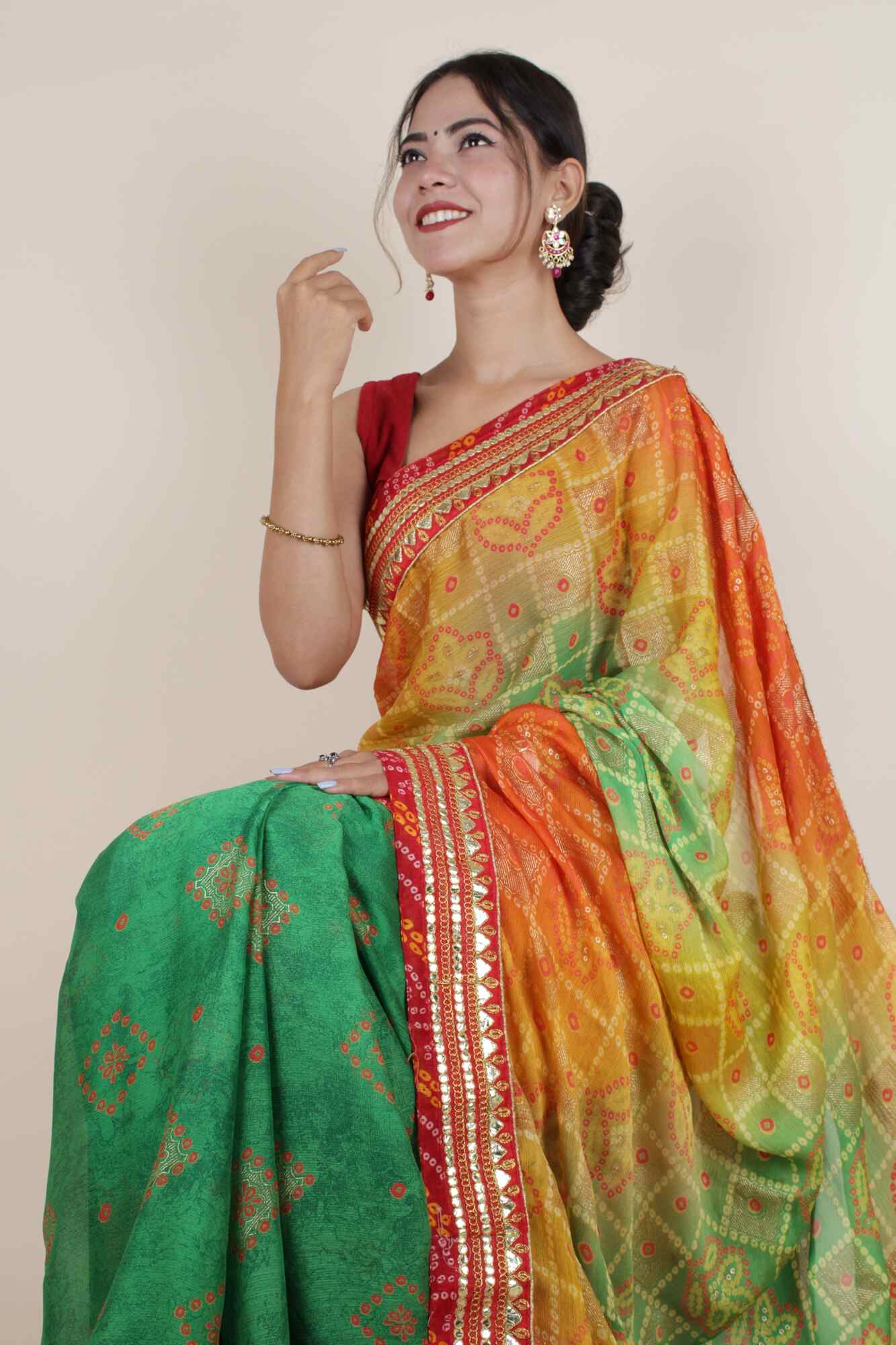 Prepossessing Green Bandhej With Gota Patti Border Wrap In One Minute Saree With Readymade Blouse - Isadora Life Online Shopping Store