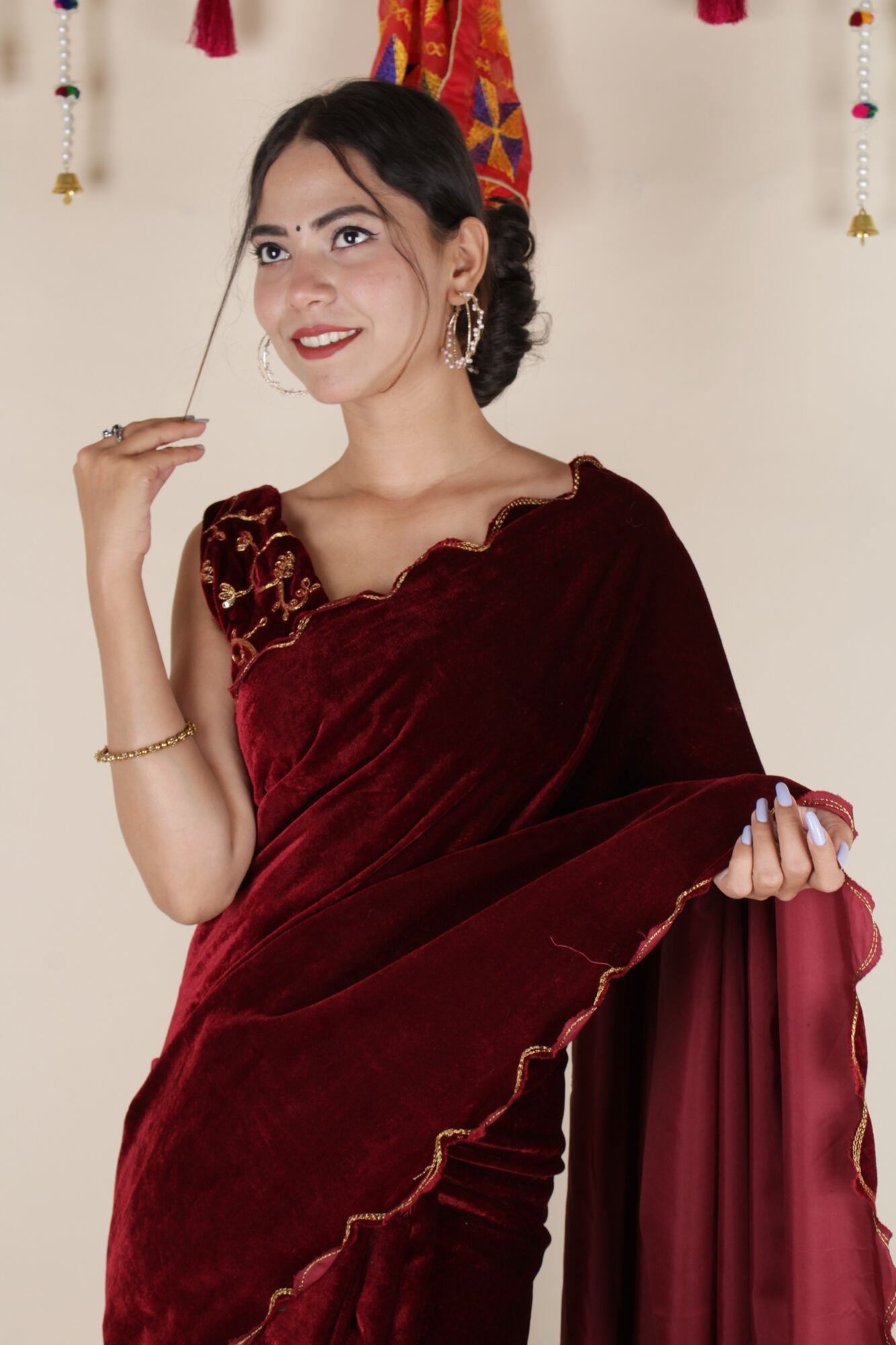 Beautiful Velvet Maroon solid saree with embroidered border wrap in 1 minute saree - Isadora Life Online Shopping Store