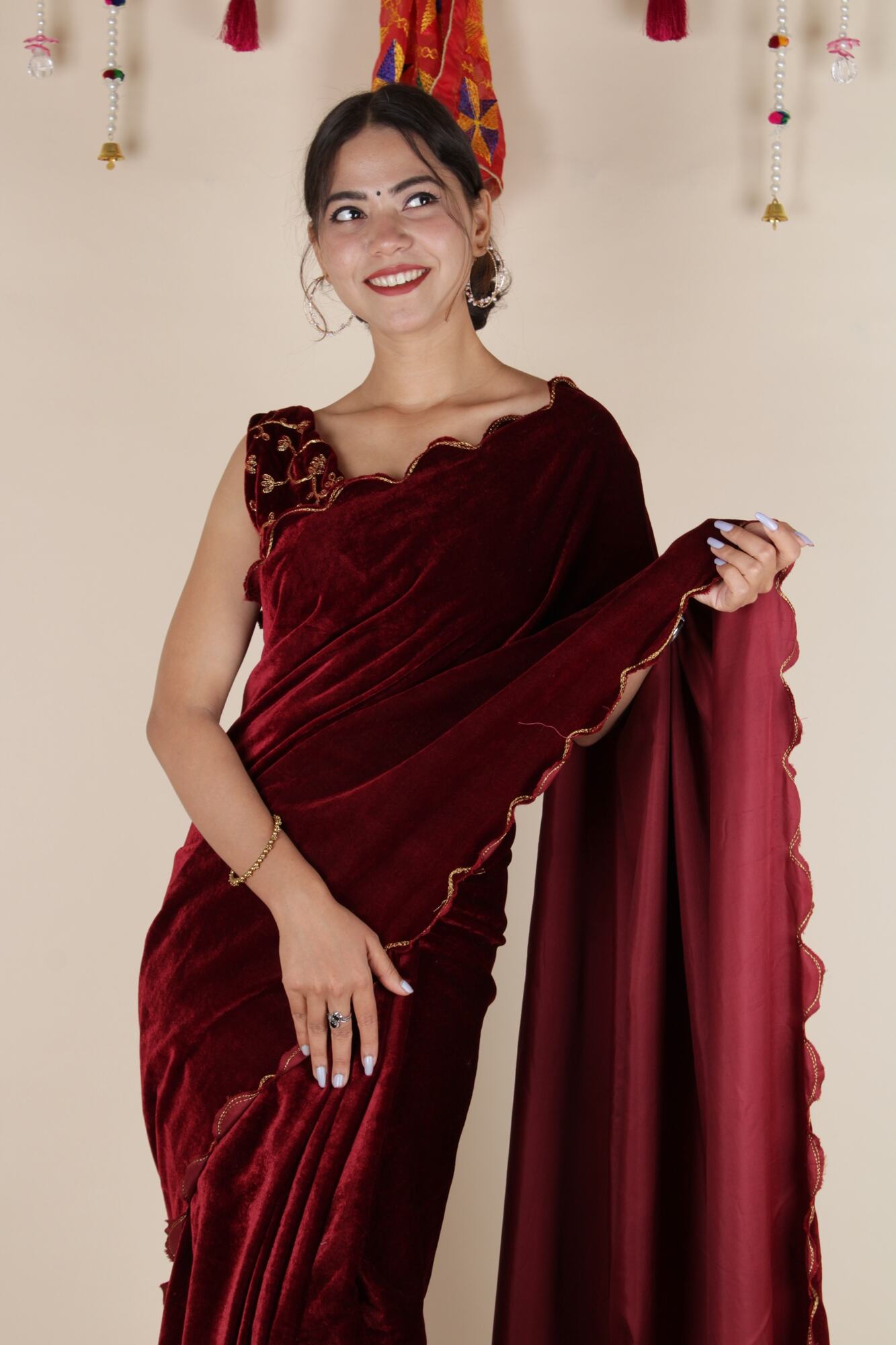 Beautiful Velvet Maroon solid saree with embroidered border wrap in 1 minute saree - Isadora Life Online Shopping Store