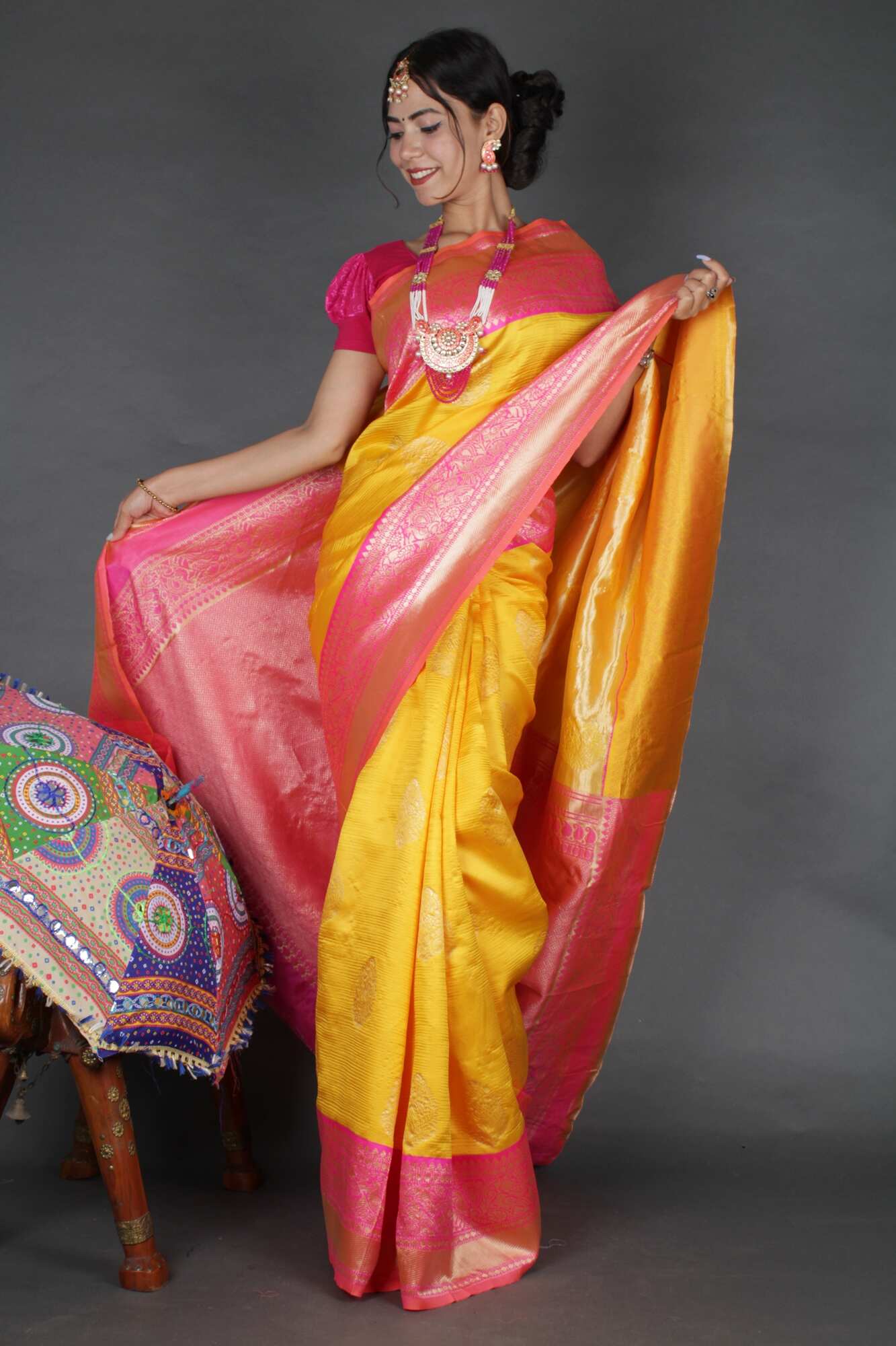 Ready-to-wear Orange & Pink Banarasi One Minute Saree with Stitched Blouse - Isadora Life Online Shopping Store