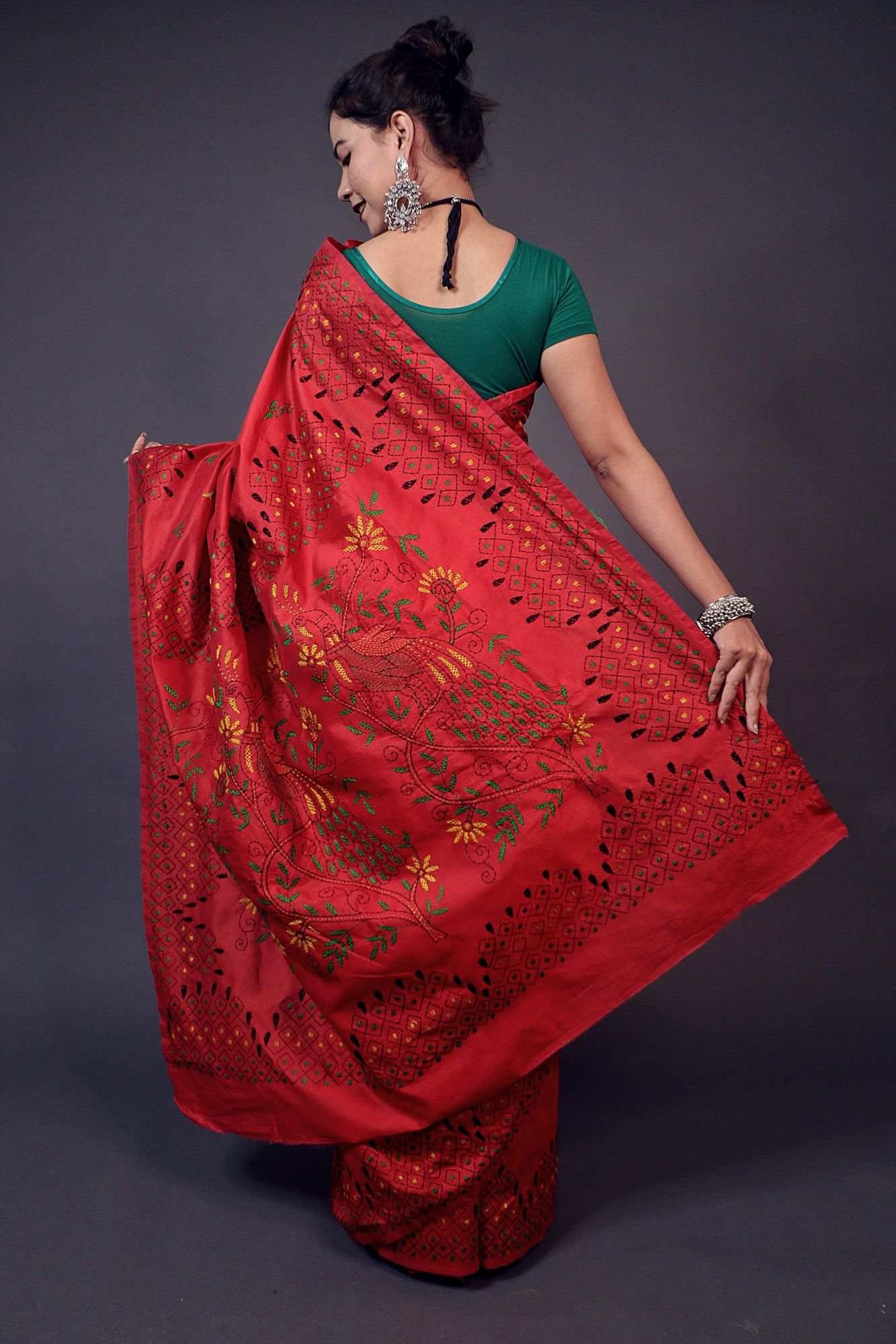Red Beautiful traditional kantha work all over wrap in 1 minute saree - Isadora Life Online Shopping Store