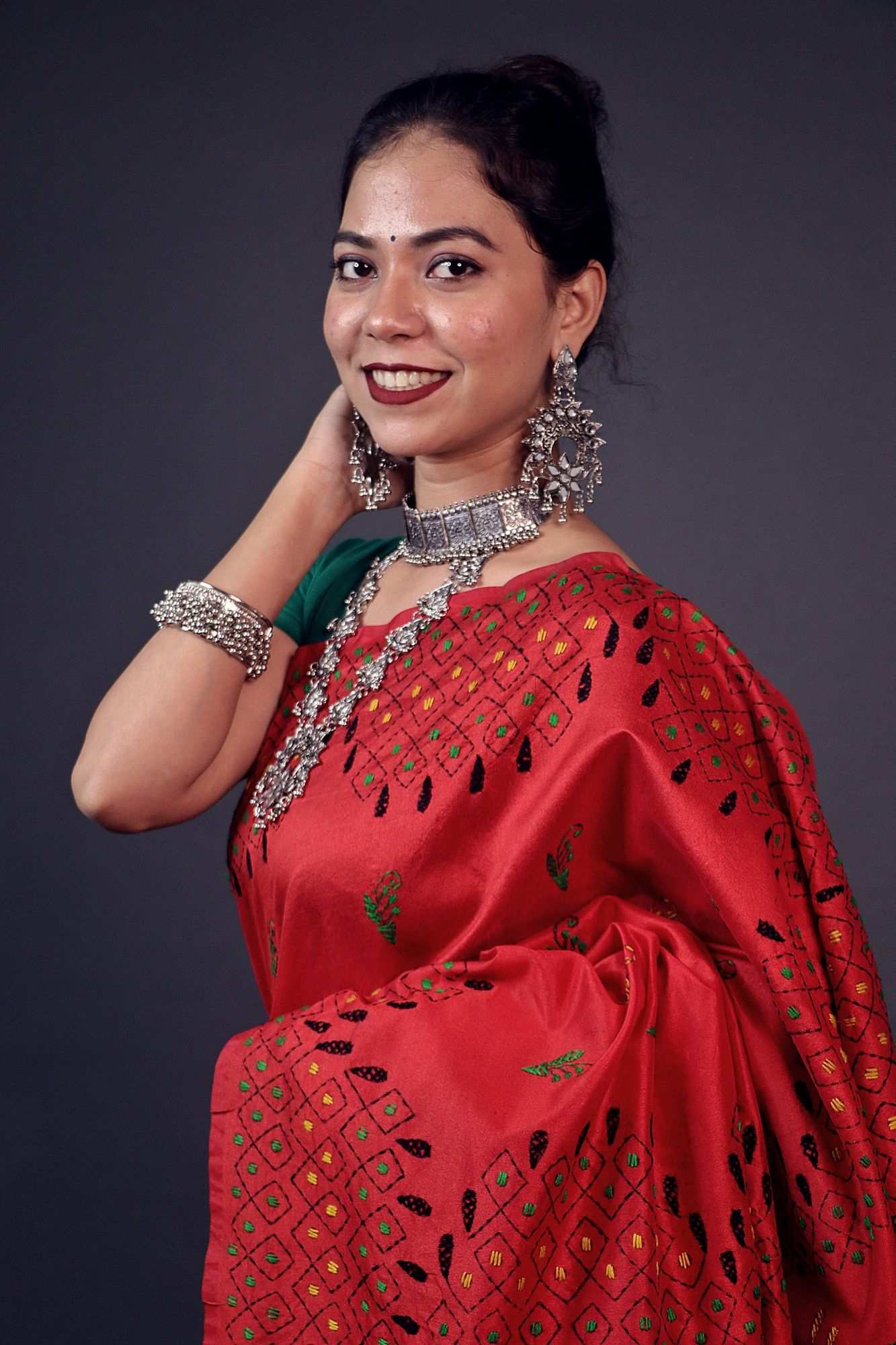 Red Beautiful traditional kantha work all over wrap in 1 minute saree - Isadora Life Online Shopping Store