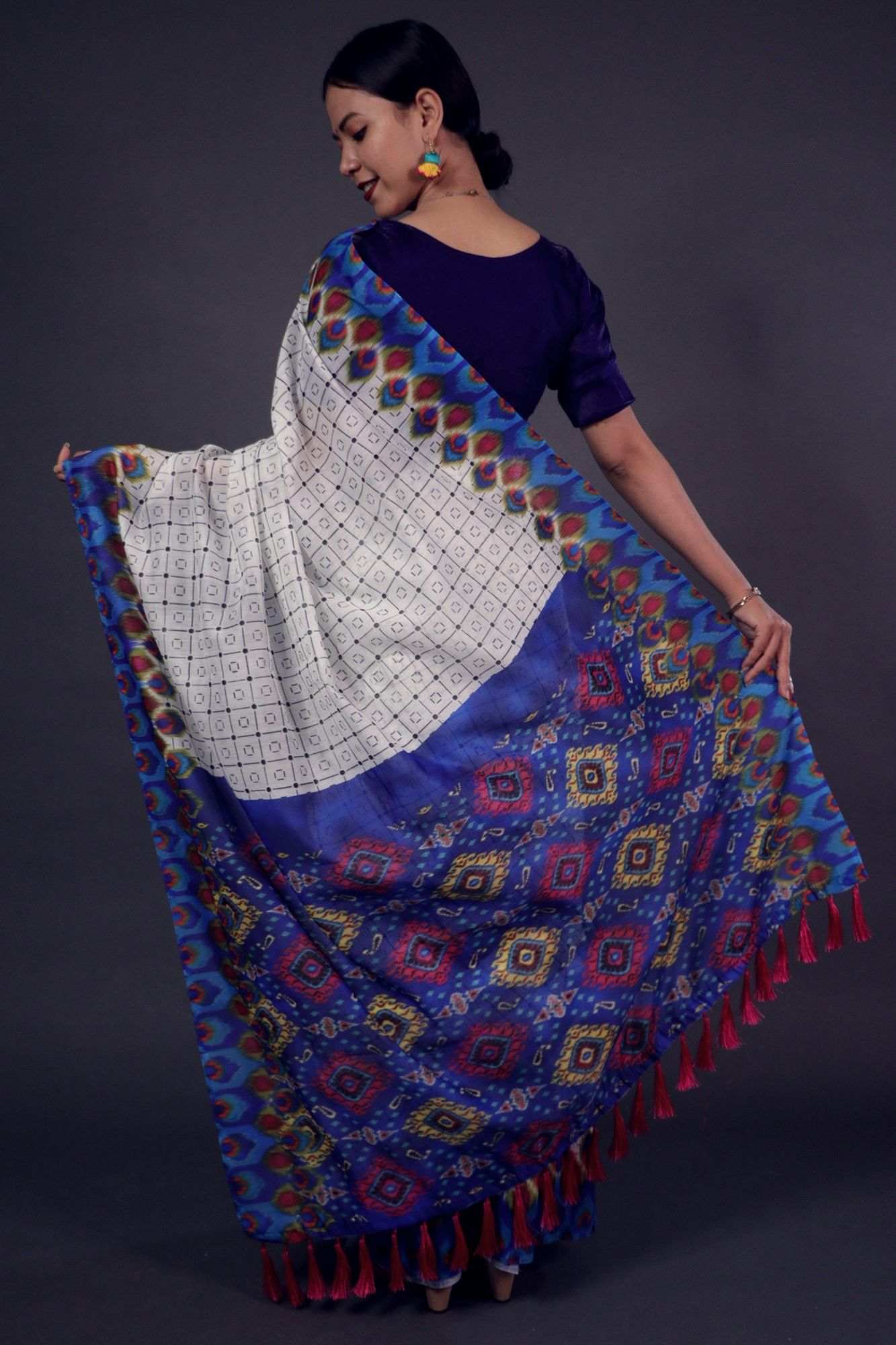 Classy blue patola print on pallu and mayur print pallu with tassels wrap in 1 minute saree - Isadora Life Online Shopping Store