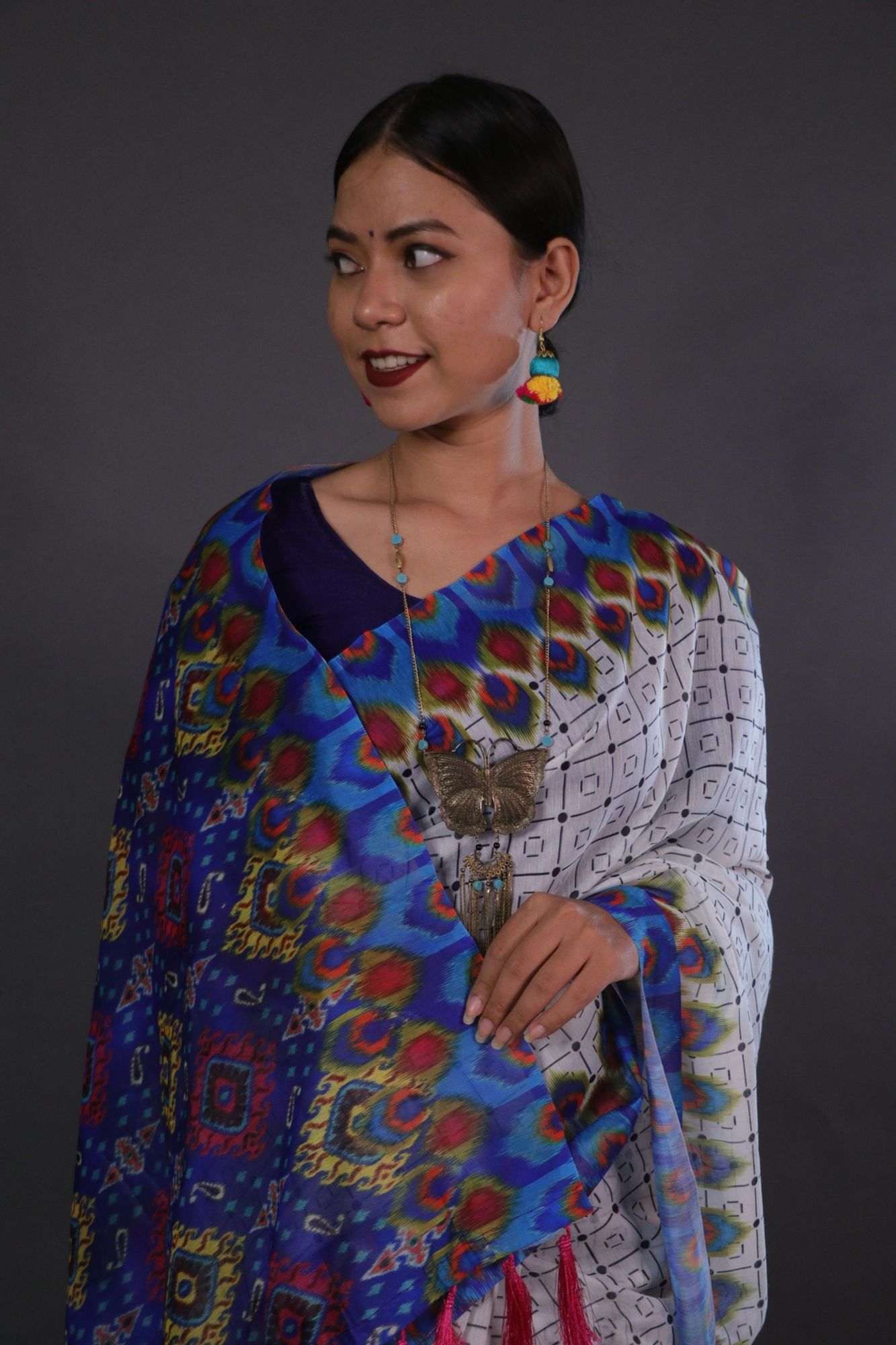 Classy blue patola print on pallu and mayur print pallu with tassels wrap in 1 minute saree - Isadora Life Online Shopping Store