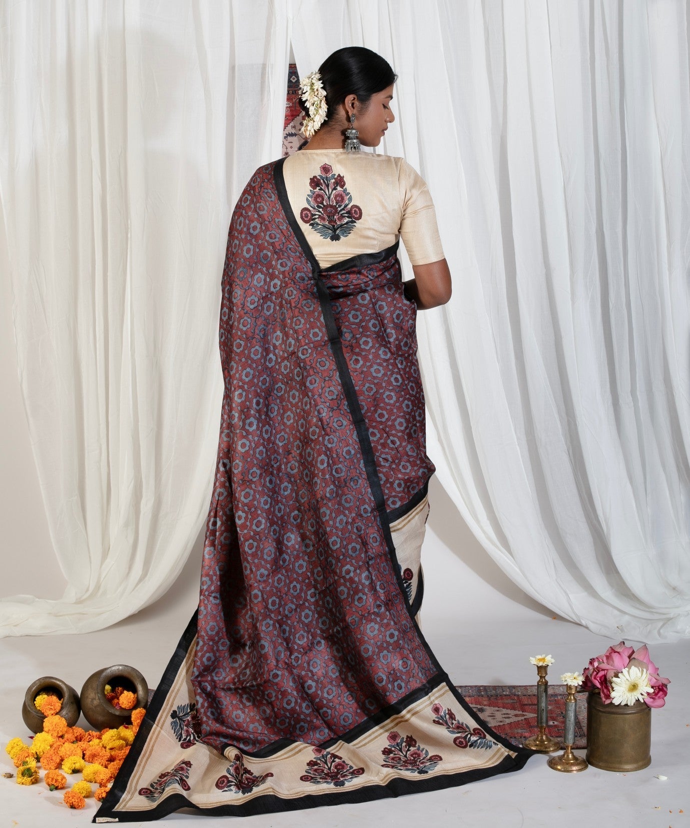 Coco Brown Pure Handloom Tussar Silk Saree with Gulmohar Block Print and Contrast Cream Border-Pallu  | SILK MARK CERTIFIED | Shobitam