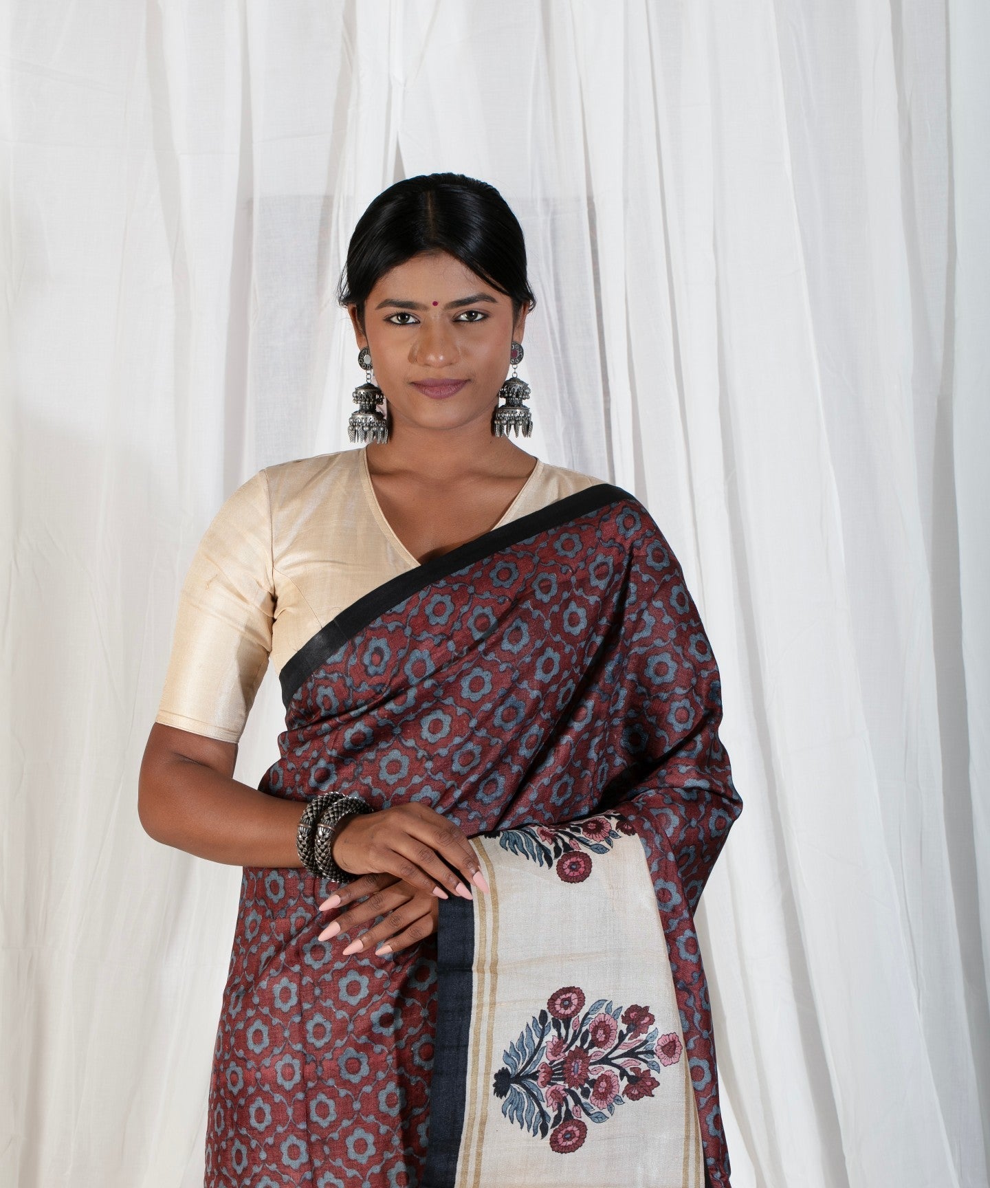 Coco Brown Pure Handloom Tussar Silk Saree with Gulmohar Block Print and Contrast Cream Border-Pallu  | SILK MARK CERTIFIED | Shobitam