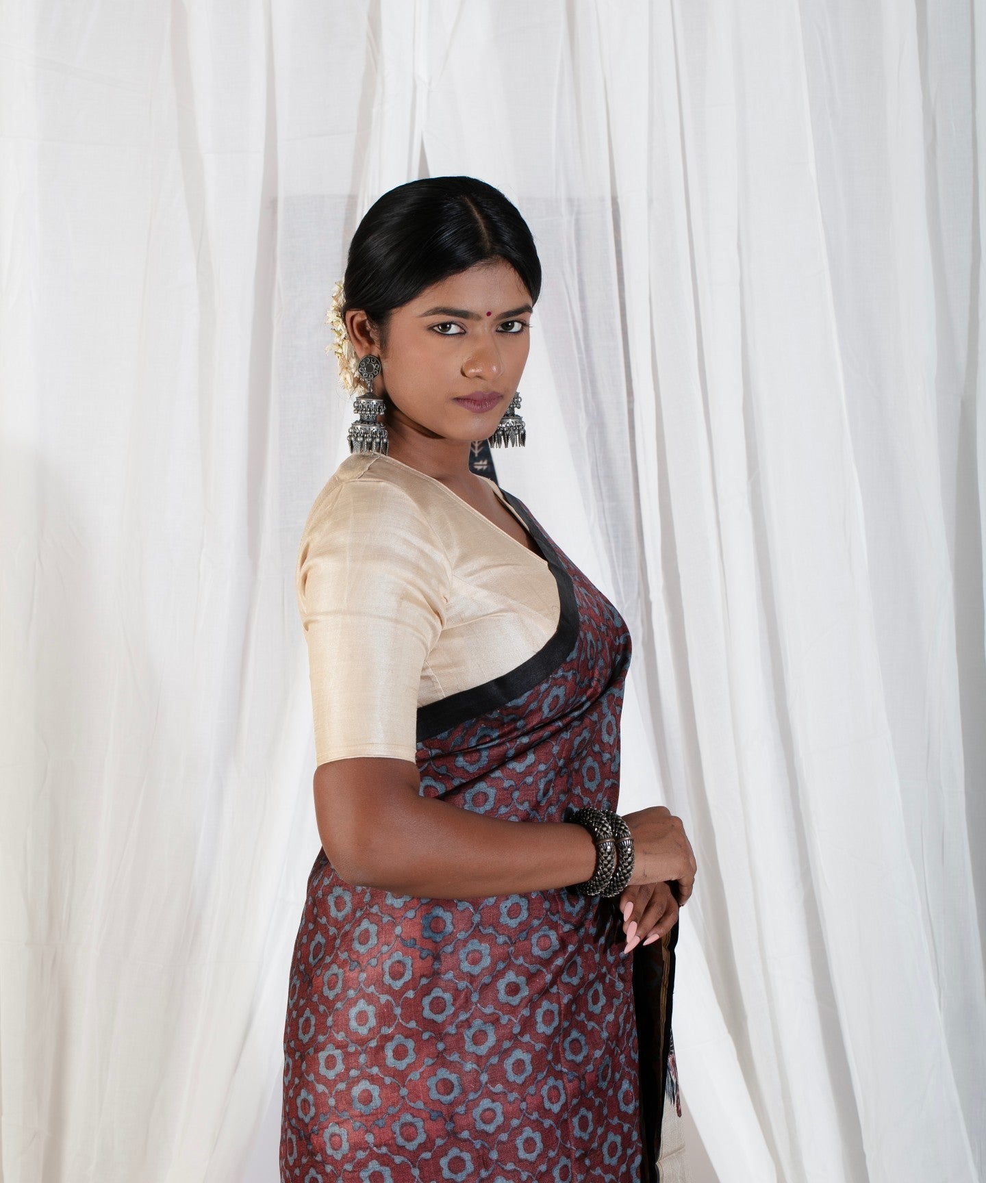 Coco Brown Pure Handloom Tussar Silk Saree with Gulmohar Block Print and Contrast Cream Border-Pallu  | SILK MARK CERTIFIED | Shobitam