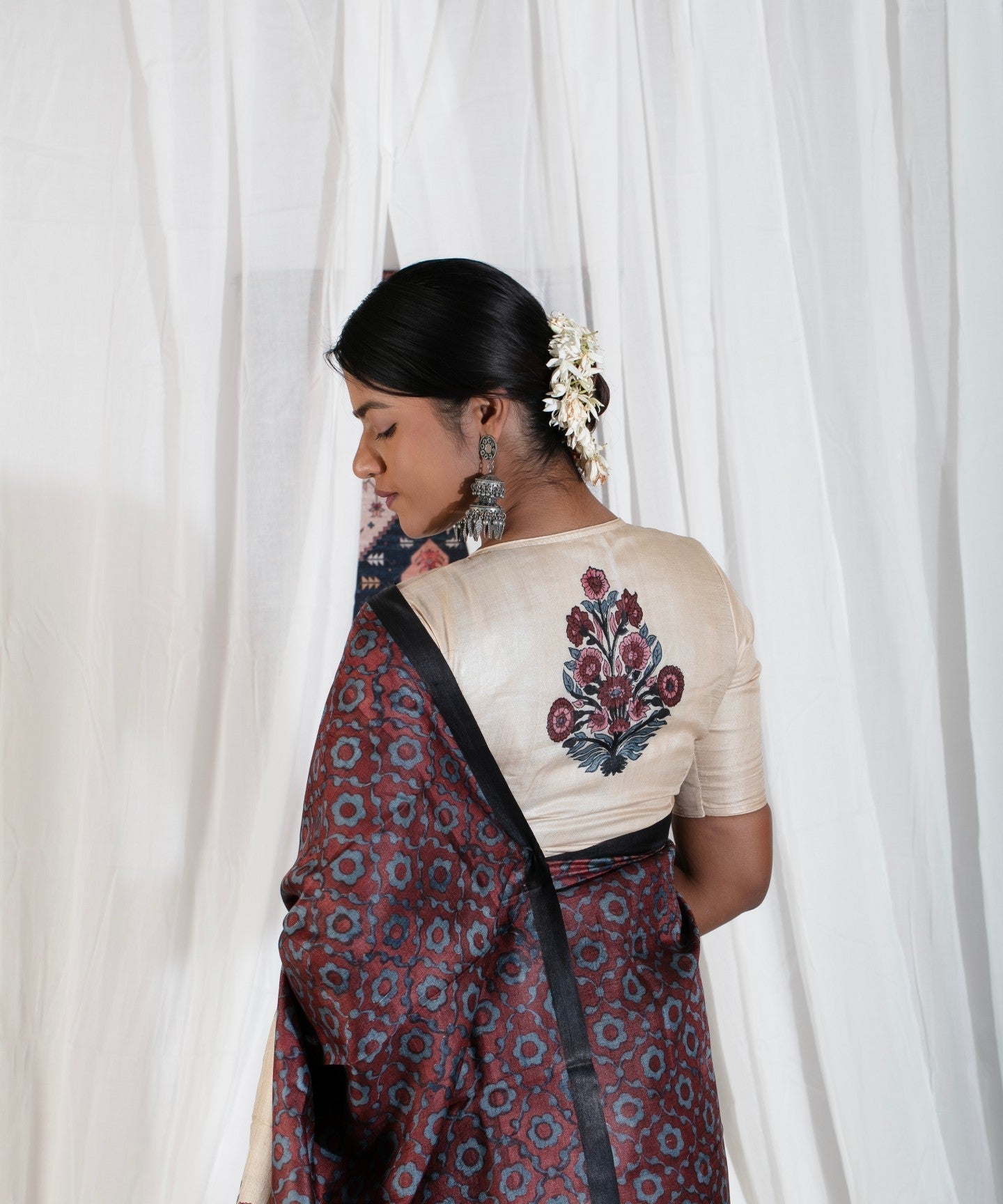 Coco Brown Pure Handloom Tussar Silk Saree with Gulmohar Block Print and Contrast Cream Border-Pallu  | SILK MARK CERTIFIED | Shobitam
