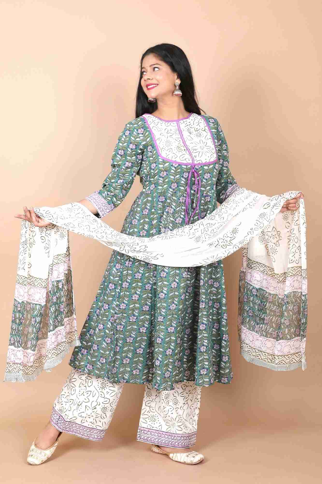 Salwar Suit - 3 PIece Amara teal green hand block printed suit with chiffon dupatta and trendy flared pants