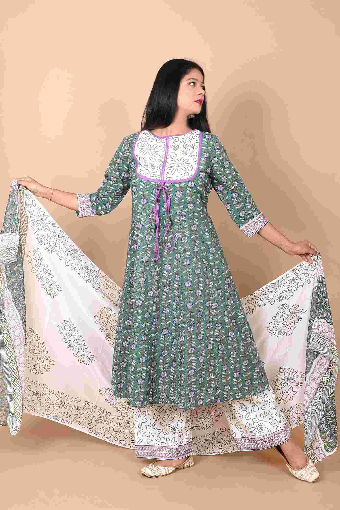 Salwar Suit - 3 PIece Amara teal green hand block printed suit with chiffon dupatta and trendy flared pants