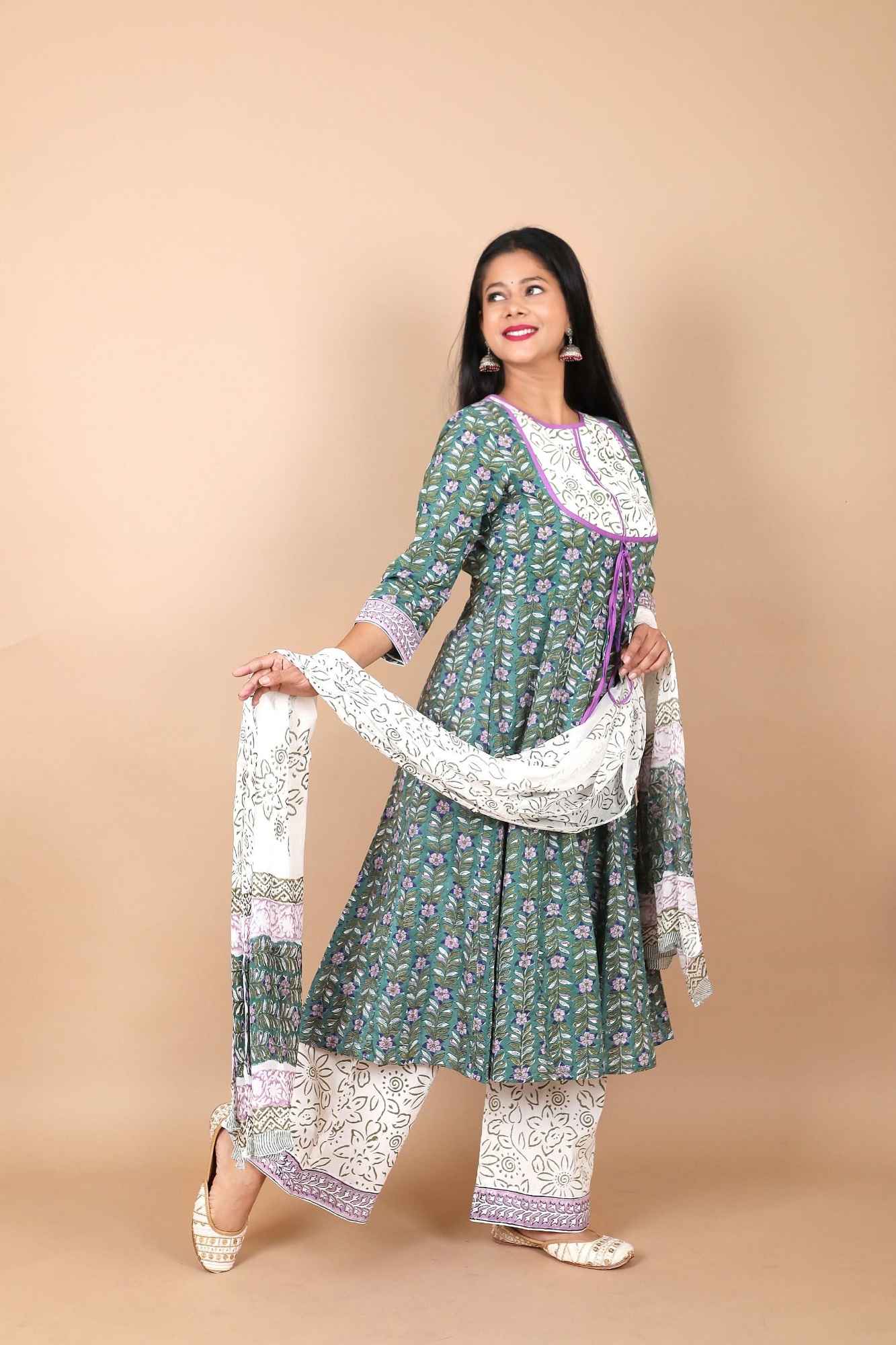 Salwar Suit - 3 PIece Amara teal green hand block printed suit with chiffon dupatta and trendy flared pants