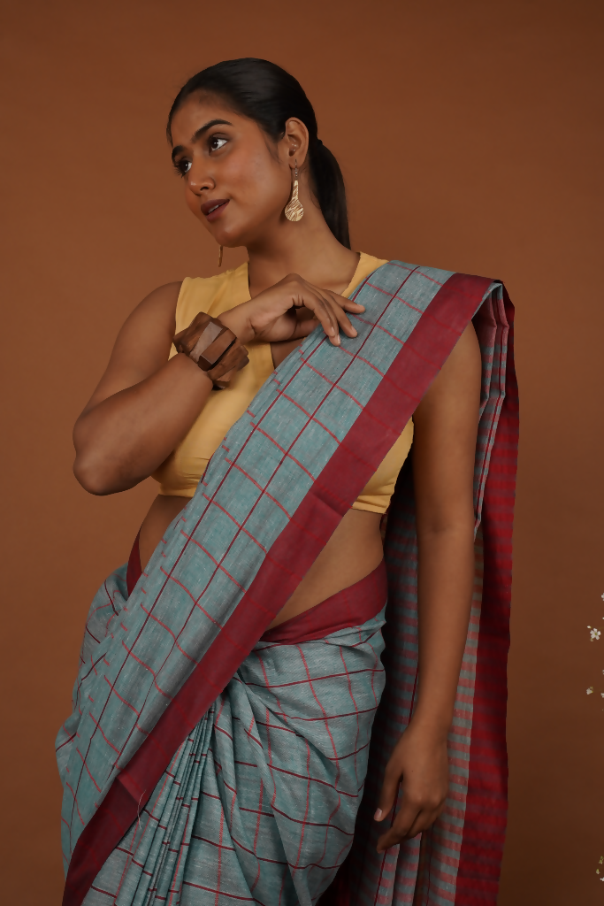 NeelMaroon Rekha Handwoven Slate Blue Cotton Saree  | SHOBITAM