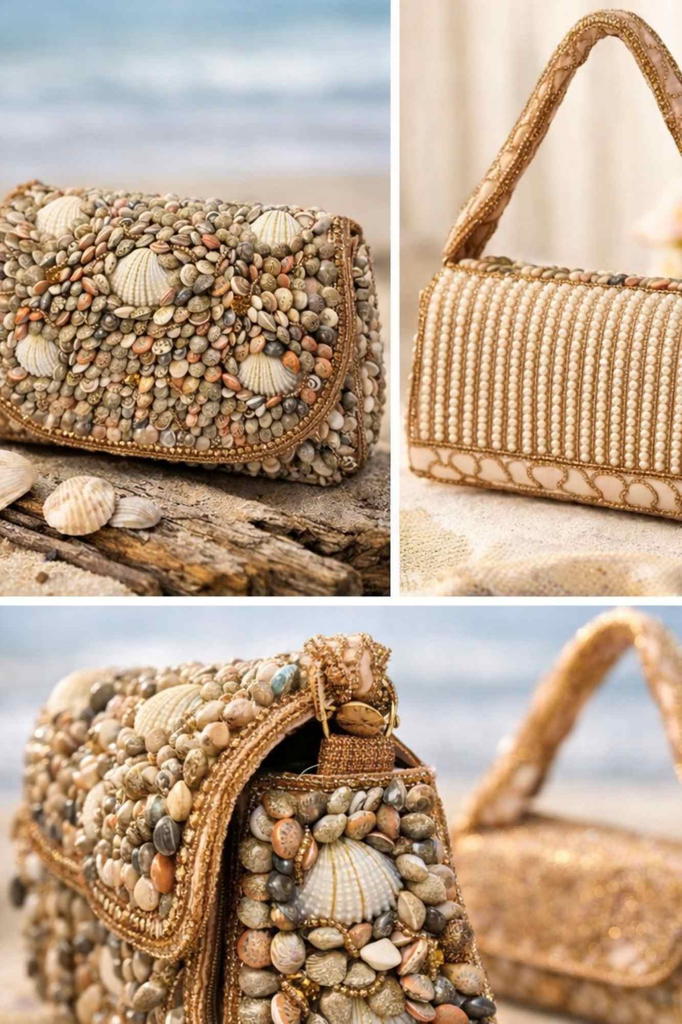 Handcrafted Seashell & Stone Embellished Statement Clutch Bag