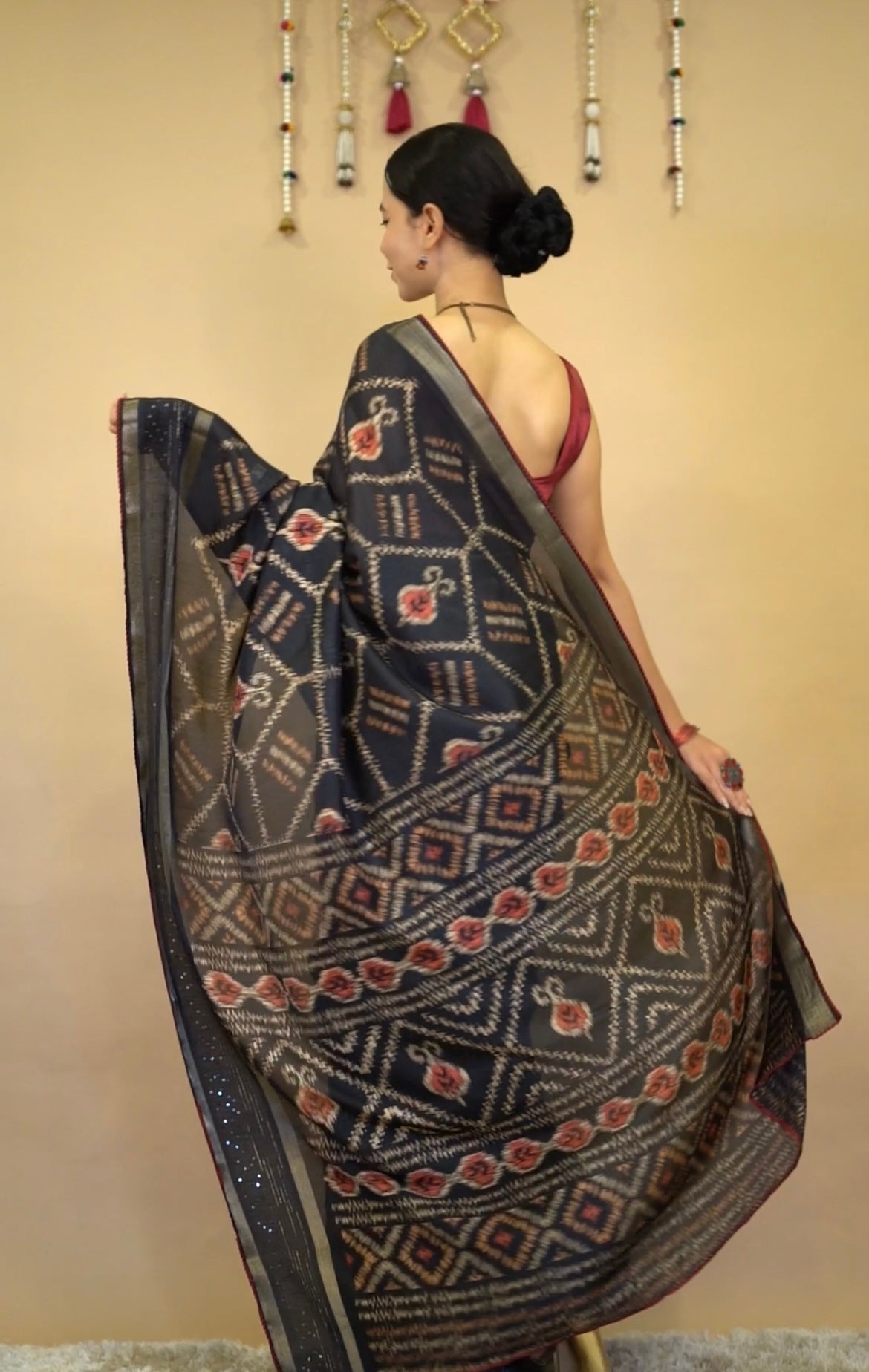 Beautiful cotton silk blend patola print with delicate sequin embellished border ready to wear saree