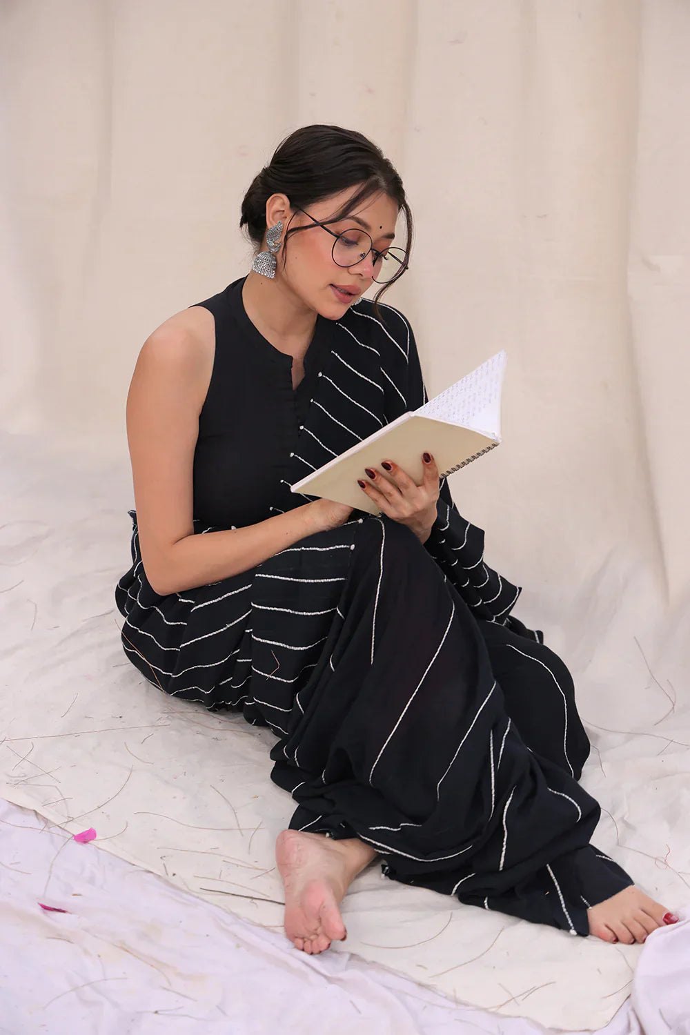 Handloom Black Pure Cotton Khesh Stripes Jamdani Saree | Shobitam