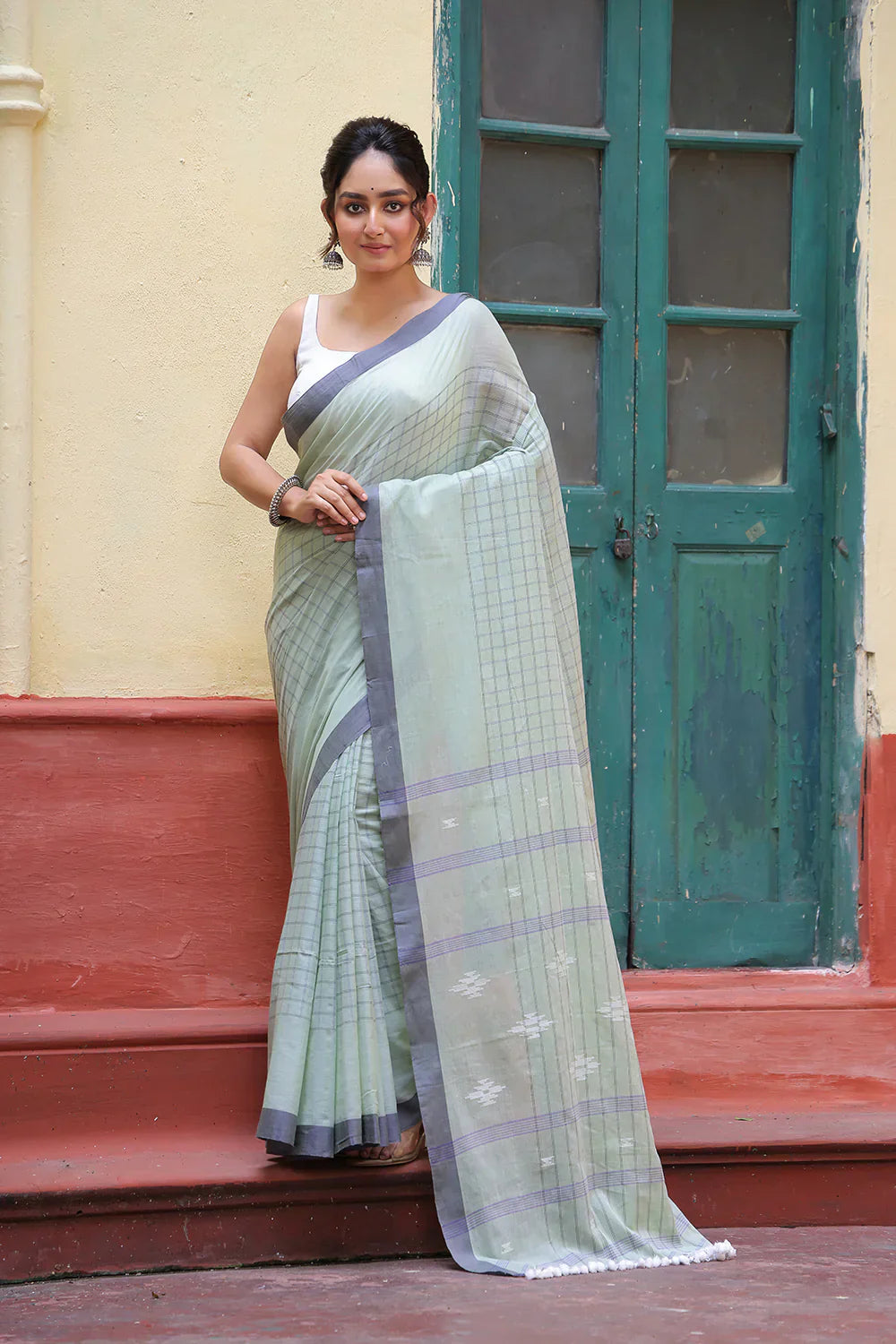 Handloom Tea Green Mulmul Cotton Jamdani Saree | Shobitam