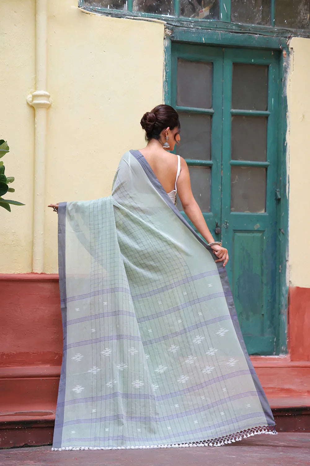 Handloom Tea Green Mulmul Cotton Jamdani Saree | Shobitam