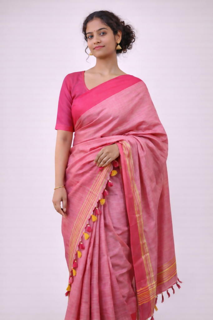 Blush Pink Pure cotton Saree with Yellow Stripes  | SHOBITAM