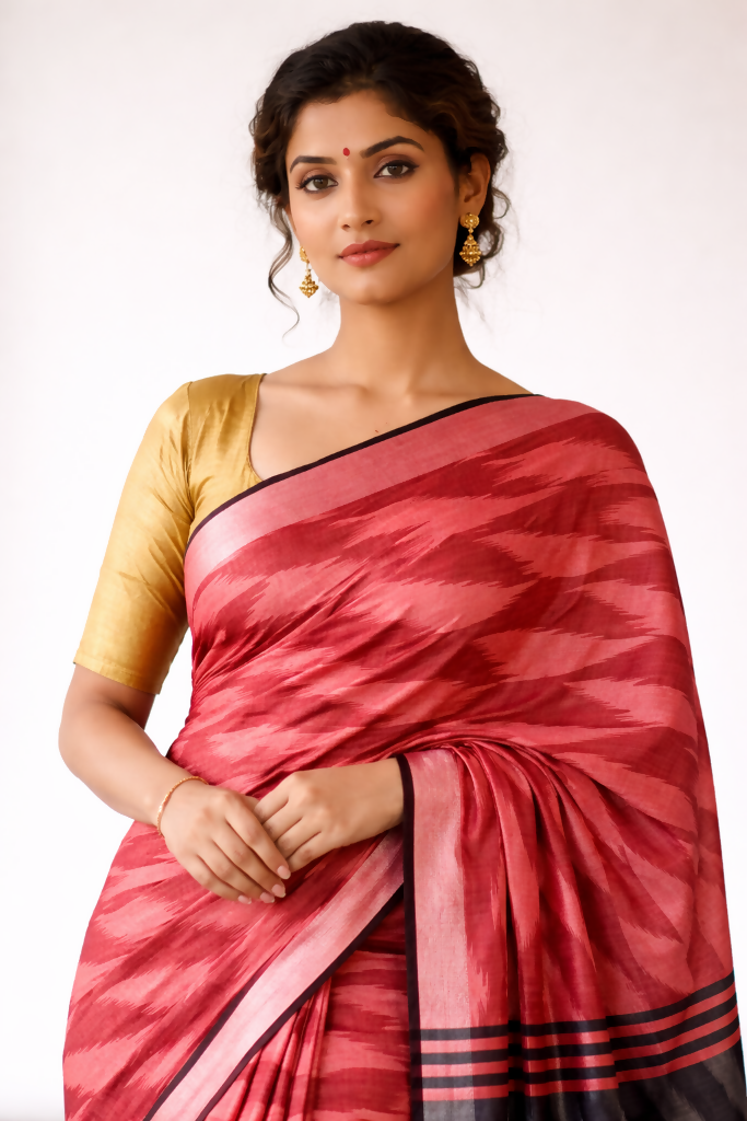 Coral Red & Charcoal Black Ikat Saree  | SHOBITAM