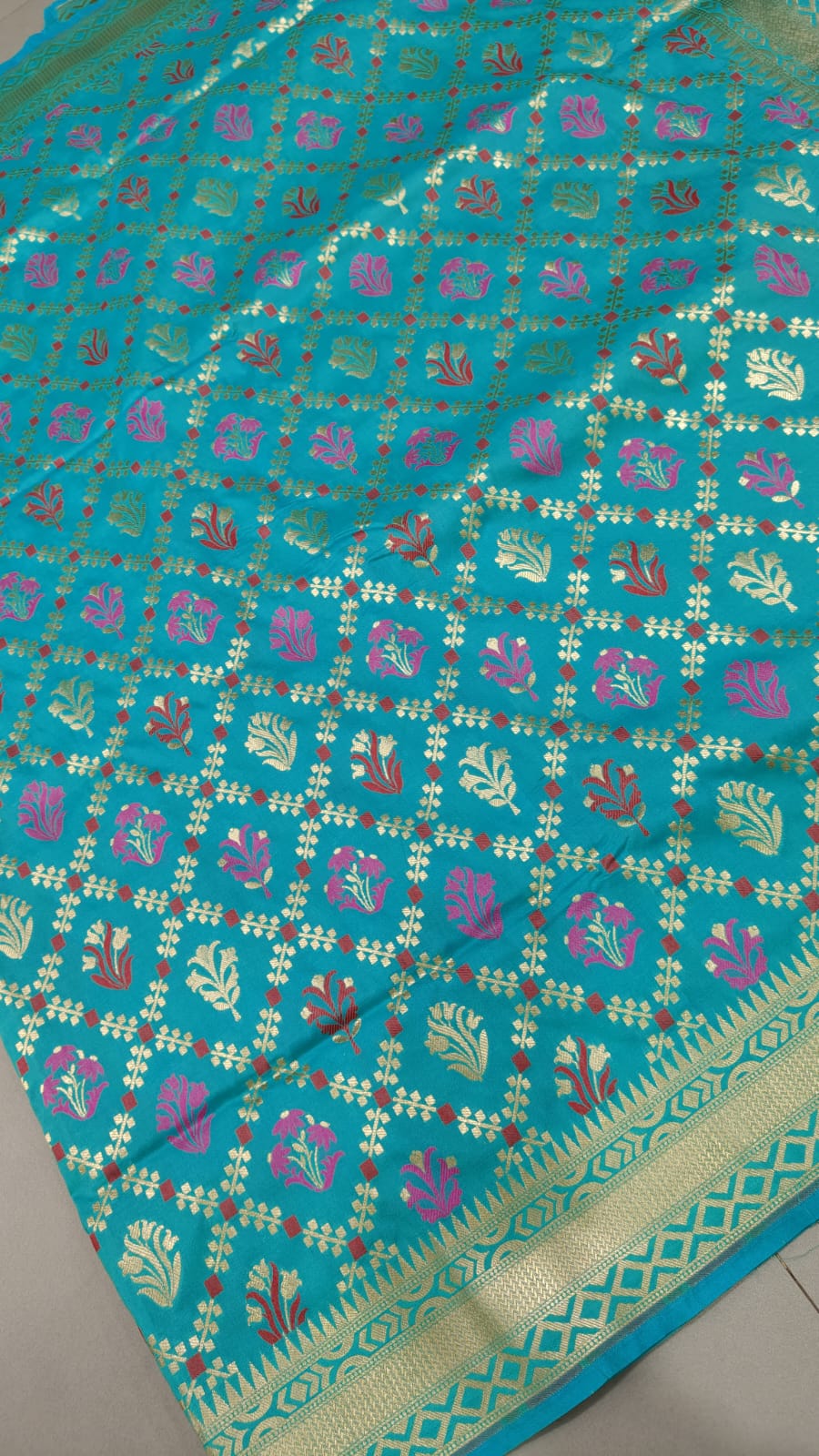 Teal Moroccan Jaal on Semi Silk Saree with Meenakari Buttas and Zari Border | SHOBITAM