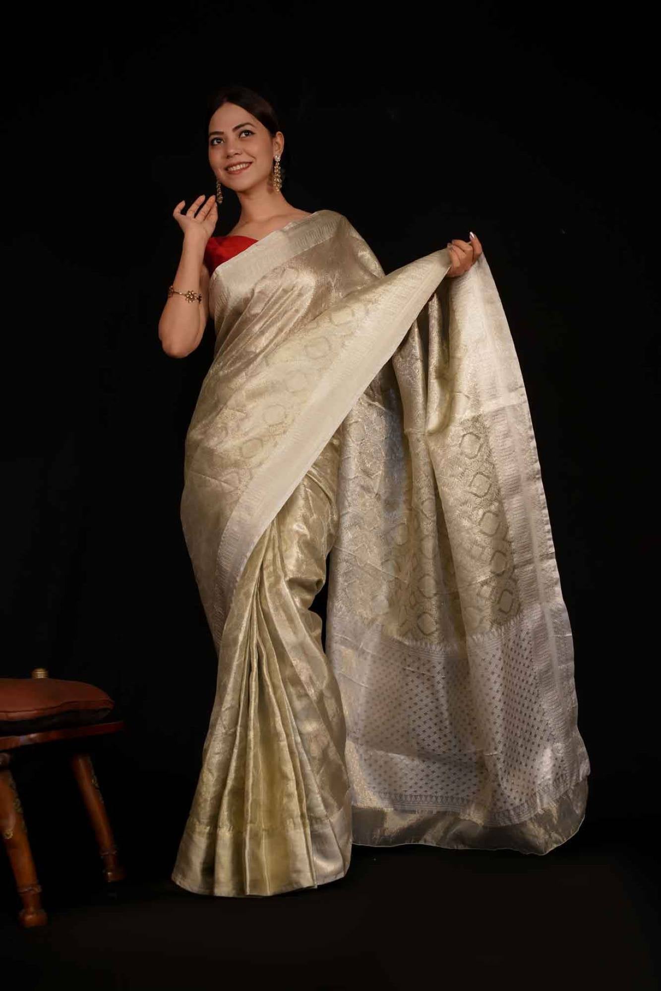 Naintaara  Inspired Off White Tissue Silk Zari Border Wrap in 1 Minute Saree