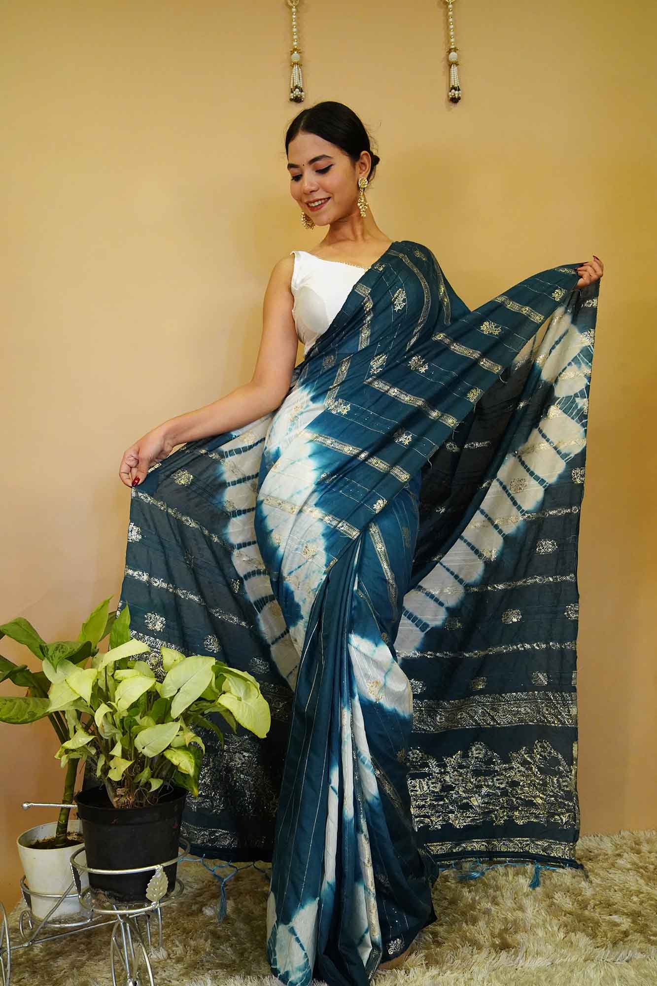 Tie and Dye Embellished  Cotton Silk With Woven Zari and Sequins With Tassal Pallo  Wrap in 1 minute saree