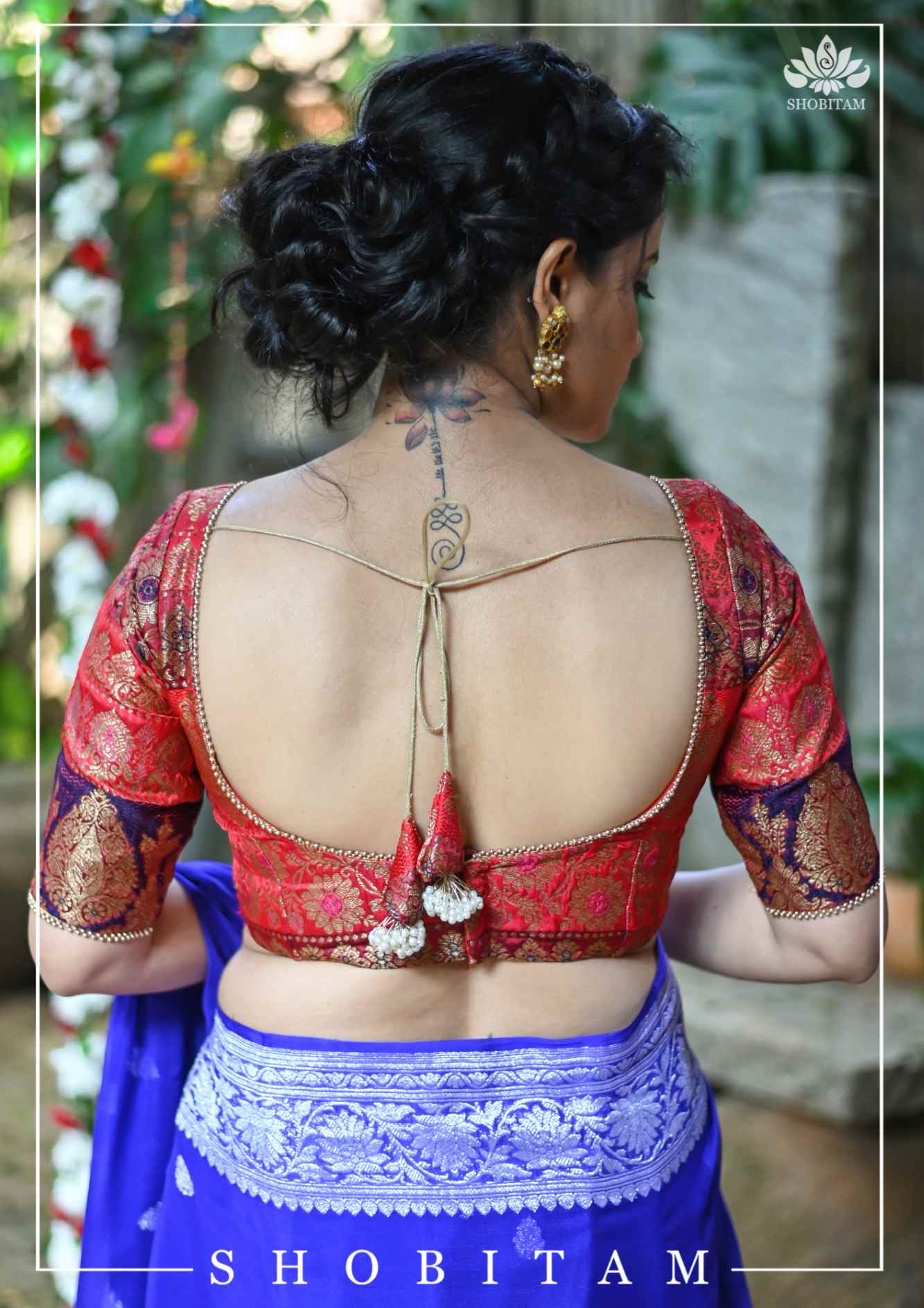 Banarasi Multicolor Panel design Zari Brocade Blouse with Antique tone zari