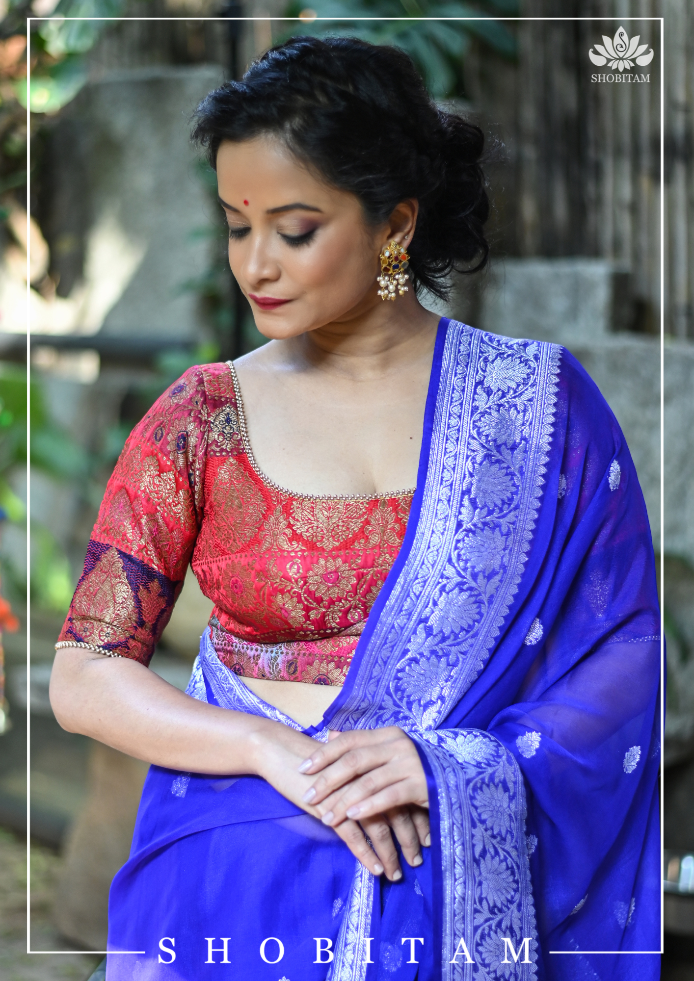 Banarasi Multicolor Panel design  Zari Brocade Blouse with Antique tone zari | Shobitam