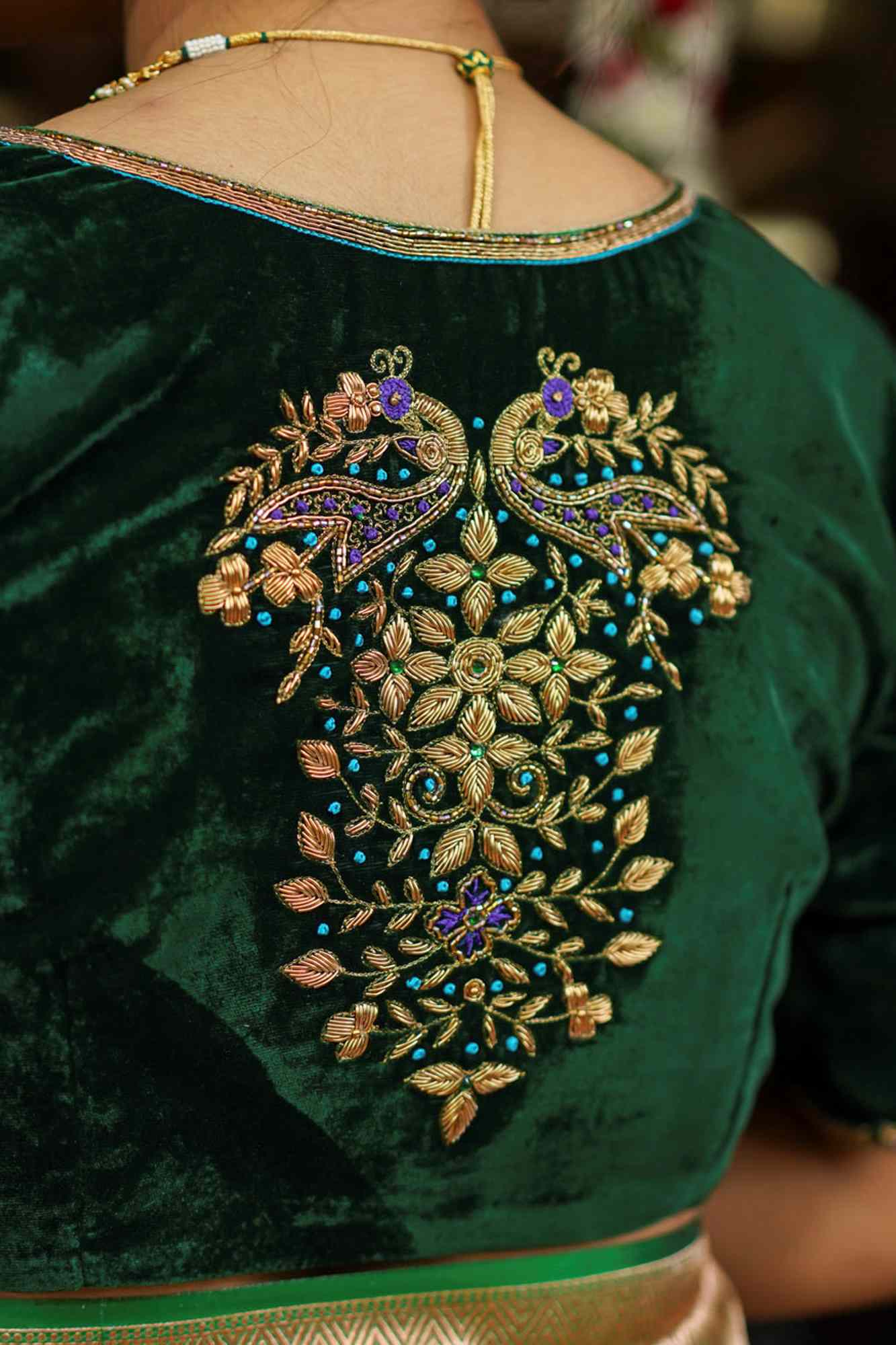 Green velvet sweetheart neck blouse with zardosi work