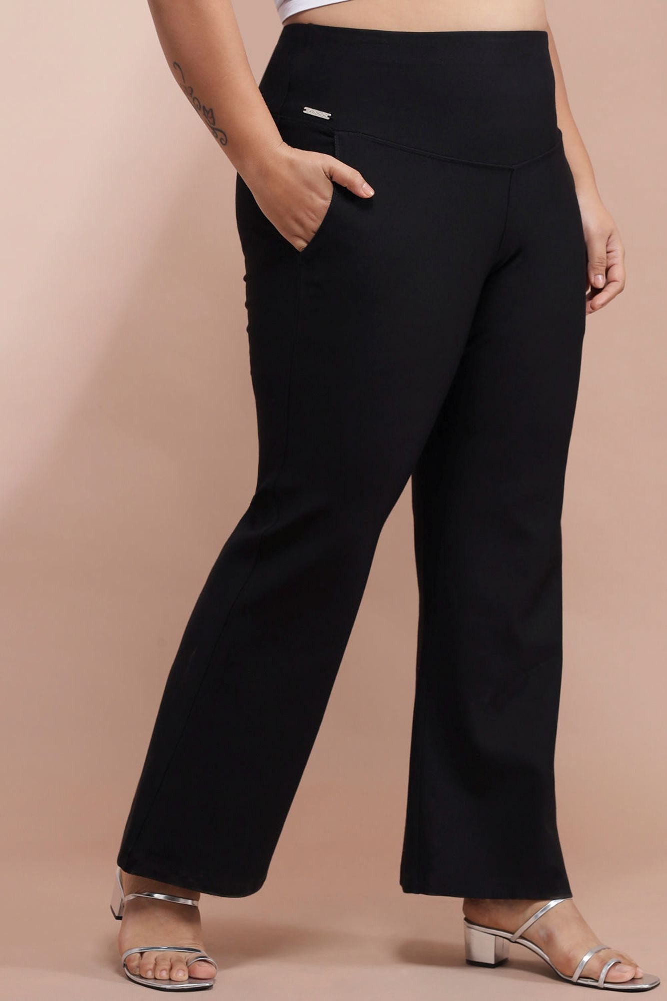 Plus Size Black Tummy Shaper Flare Pants For Womwn | Made to Order