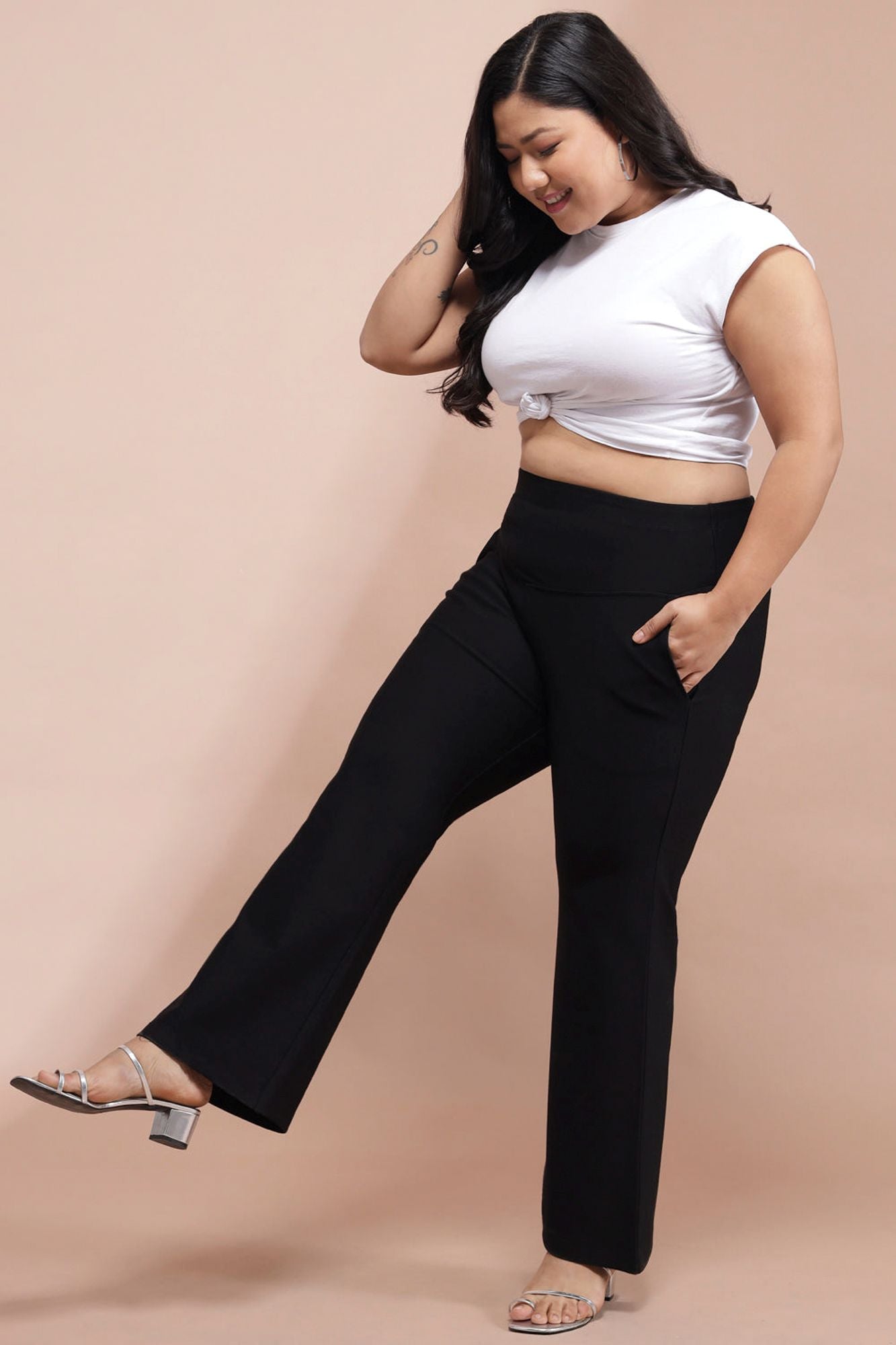Plus Size Black Tummy Shaper Flare Pants For Womwn | Made to Order