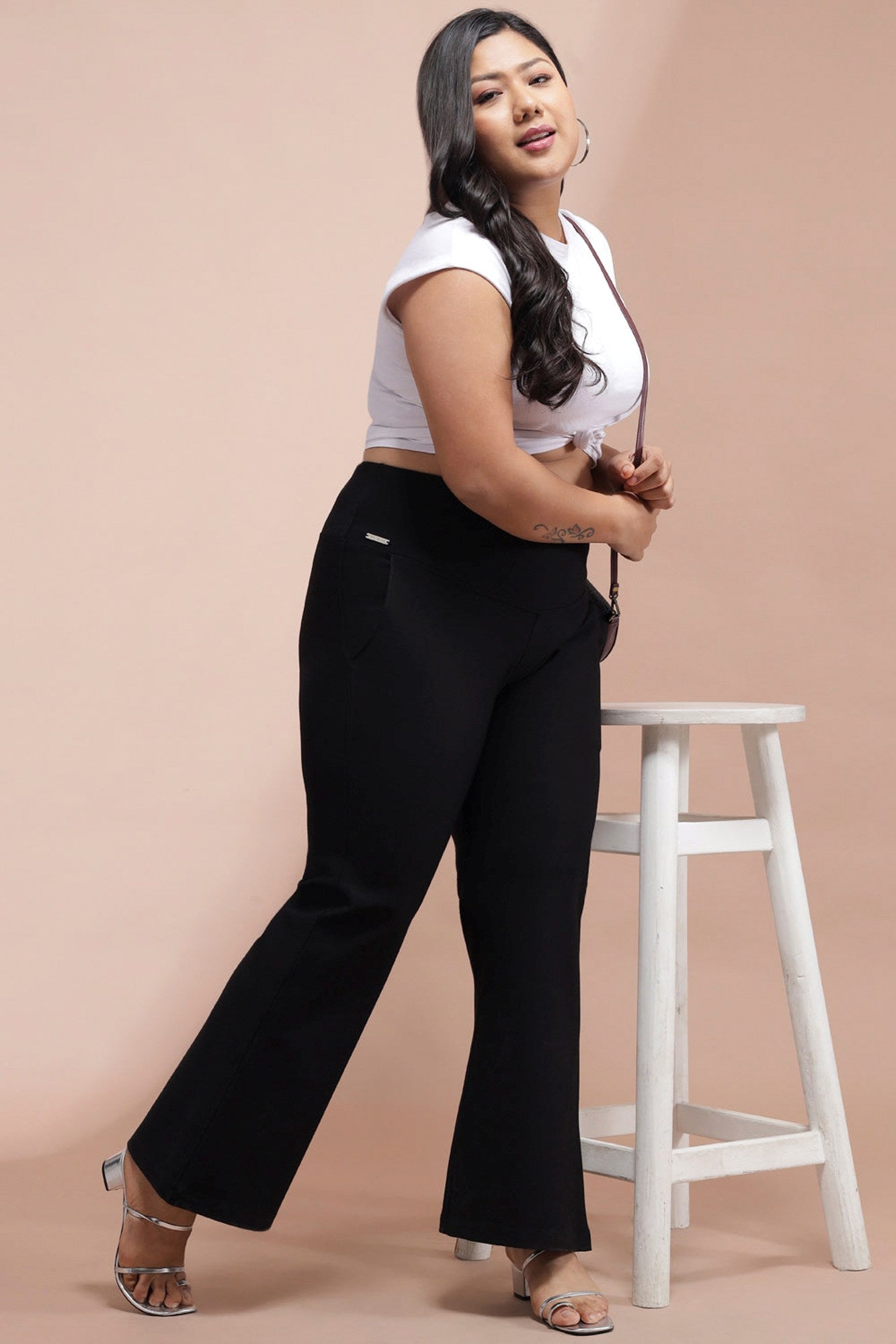 Plus Size Black Tummy Shaper Flare Pants For Womwn | Made to Order