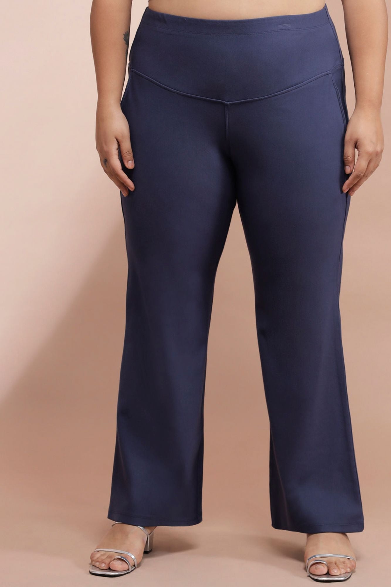 Plus Size Denim Blue Tummy Shaper Flare Pants | Made to Order