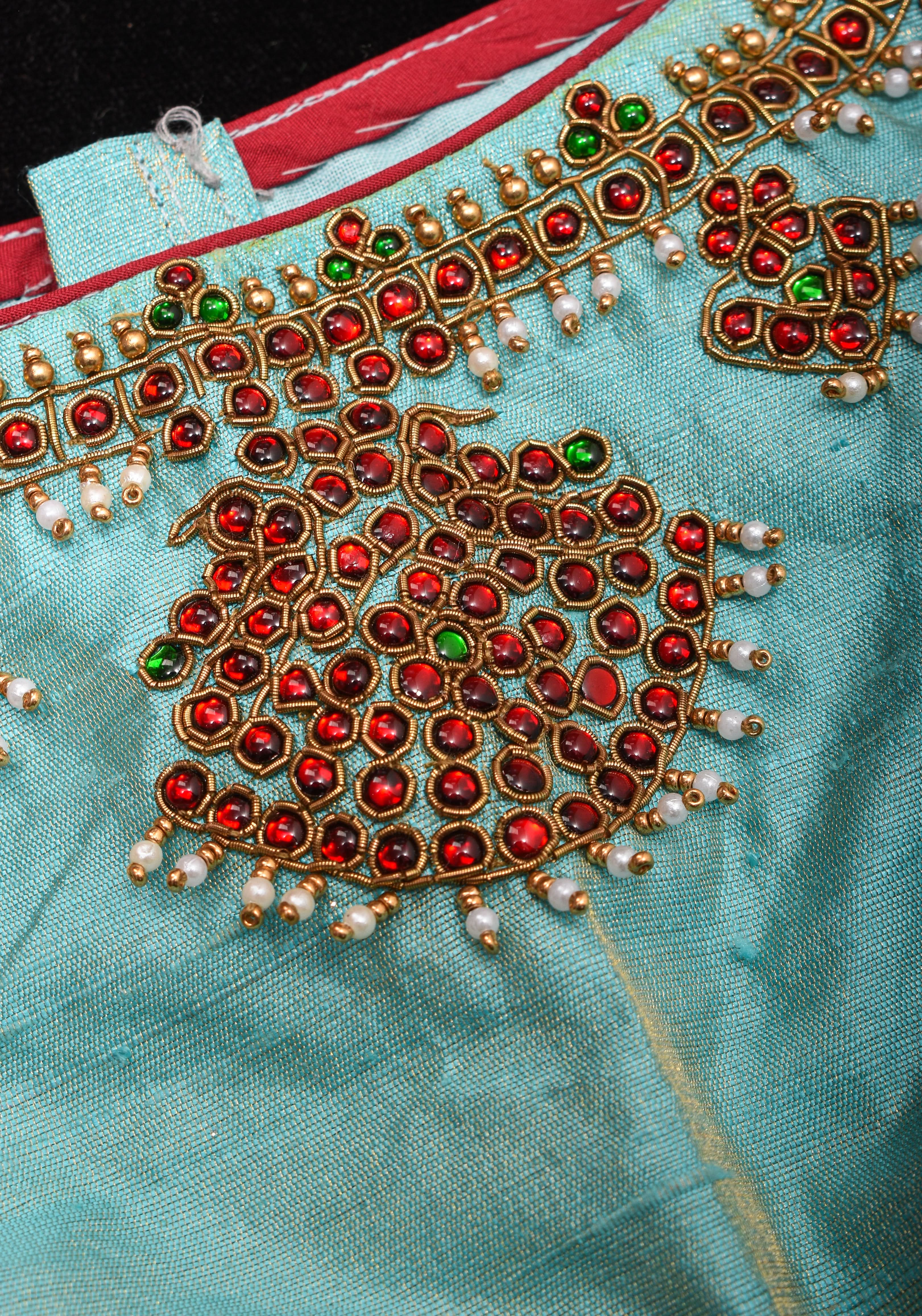 Mint Pure Raw Silk Blouse with Temple Jewelry Necklace Handwork detailing | Shobitam