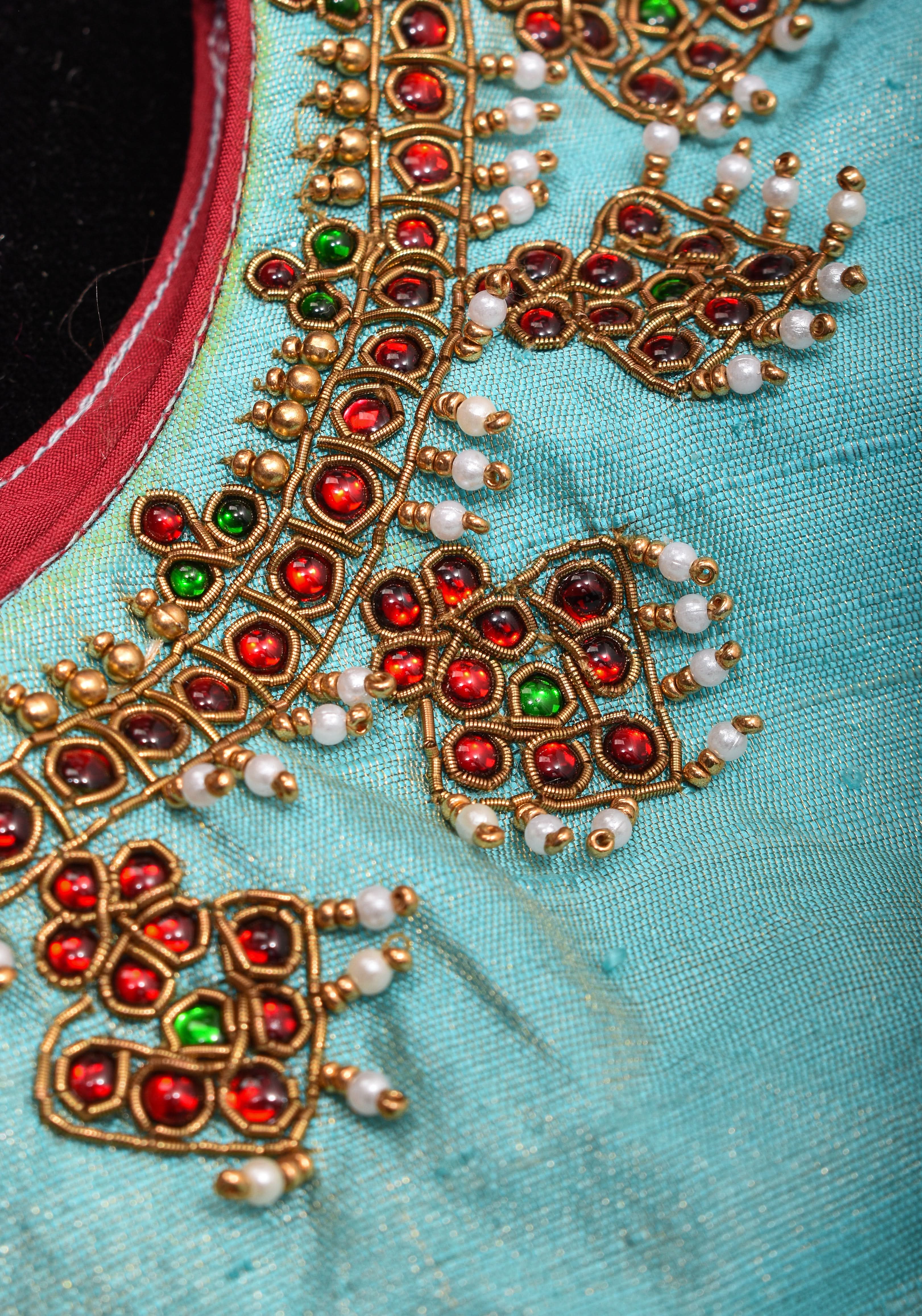 Mint Pure Raw Silk Blouse with Temple Jewelry Necklace Handwork detailing | Shobitam