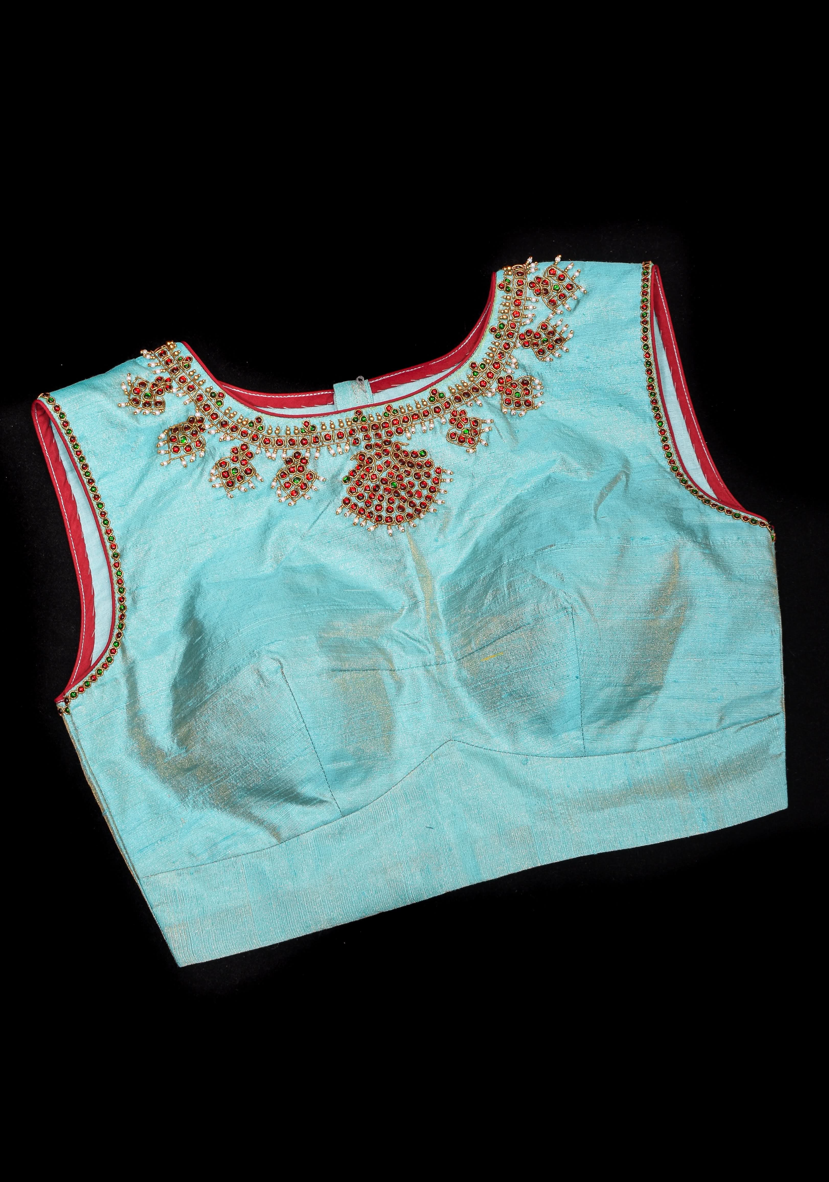 Mint Pure Raw Silk Blouse with Temple Jewelry Necklace Handwork detailing | Shobitam