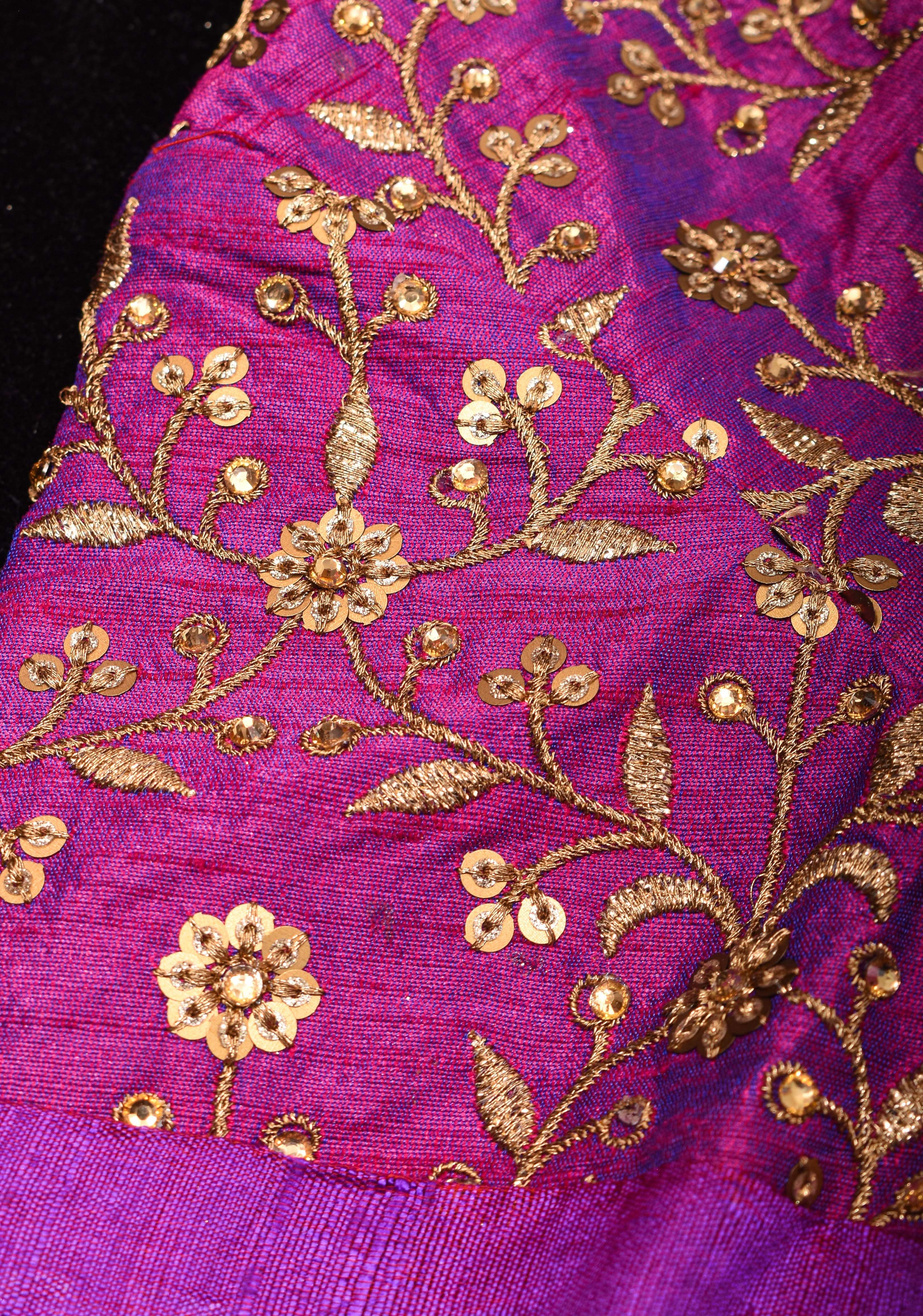 Pure Raw Silk Blouse in Purple with golden Jaal embroidered Yoke,Made to Order | Shobitam