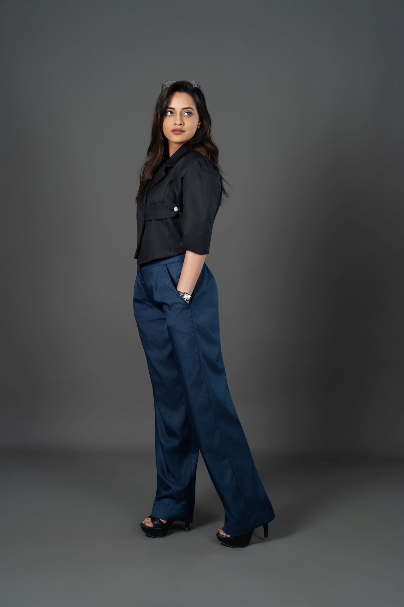 Modern Power Suit: Asymmetric Cropped Jacket with Relaxed Navy Trousers
