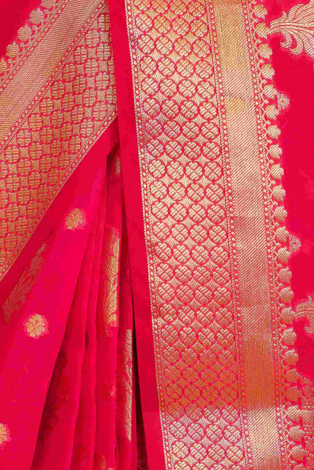 Exquisite Rani Pink Semi Katan Silk Saree with Intricate All-Over Butas and Ornate Palla, Adorned with Luxurious Tassels – A Ready-to-Wear Saree