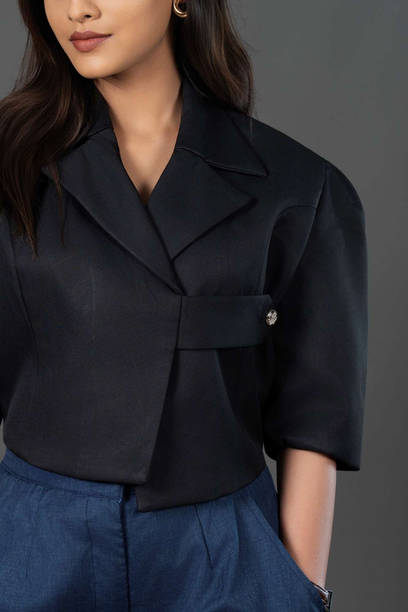 Cropped Structured Jacket-Style Waistcoat with Asymmetric Notch Collar Black Blazer