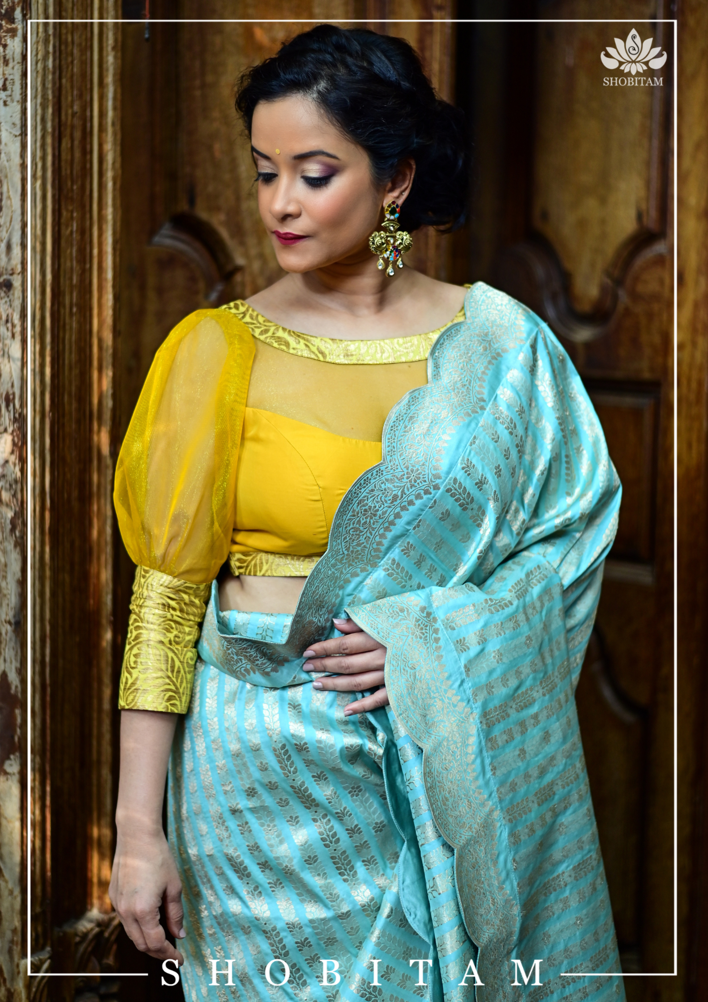 Mustard boat neck Blouse with Sheer Yoke and Puff Sleeves, Banarasi Brocade Detailing | Shobitam