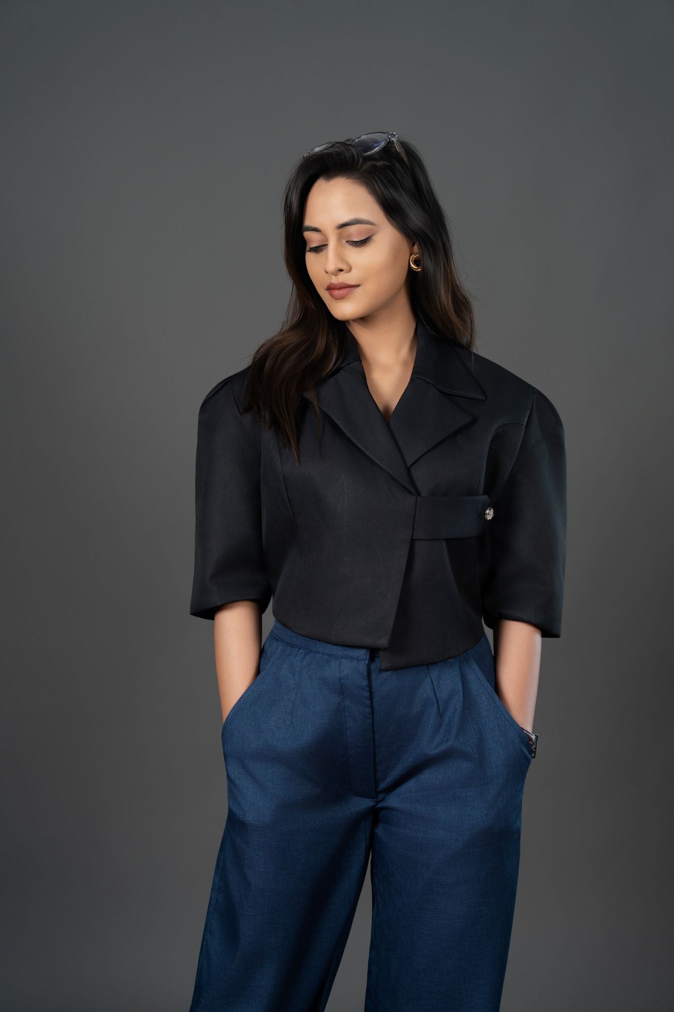 Cropped Structured Jacket-Style Waistcoat with Asymmetric Notch Collar Black Blazer