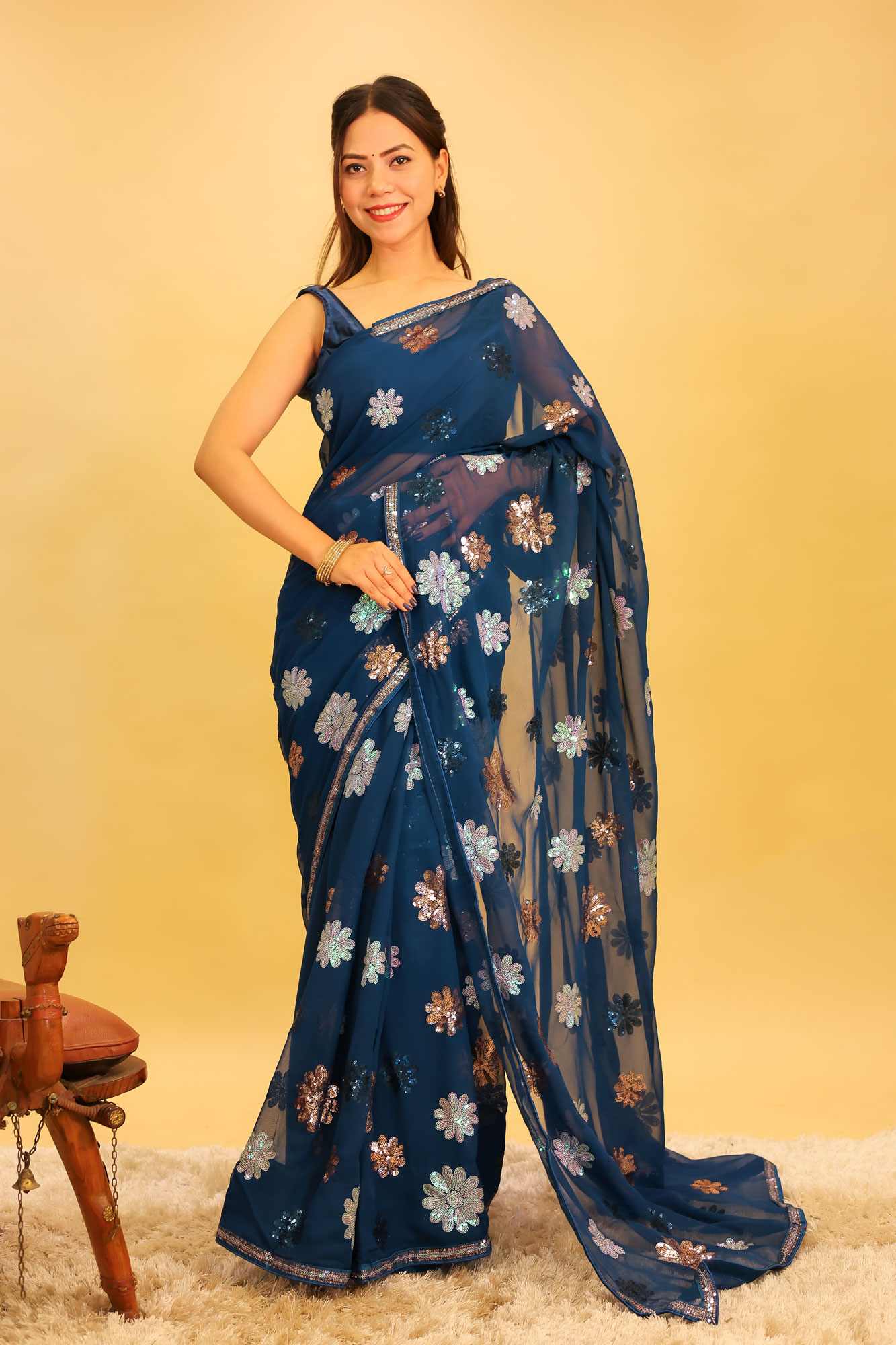 Floral Sequin Details Overall Sequin Lace Georgette 1 Minute Saree