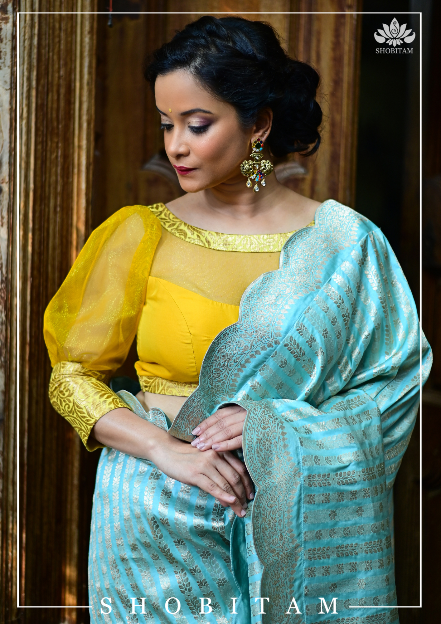 Mustard boat neck Blouse with Sheer Yoke and Puff Sleeves, Banarasi Brocade Detailing | Shobitam