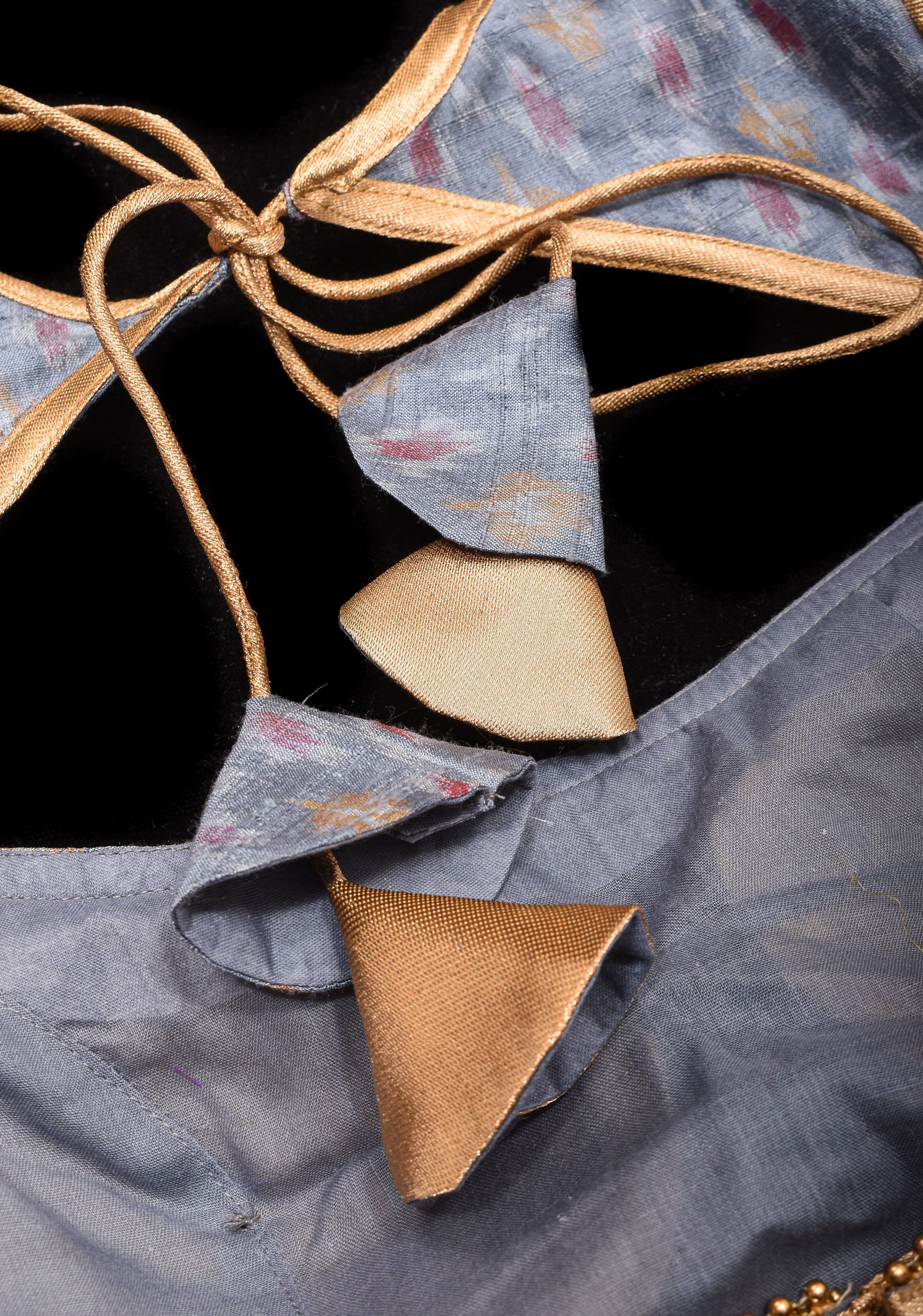 Gray Pure Ikkat Raw Silk Blouse with scoop neck and Gold Puff Sleeves | Shobitam