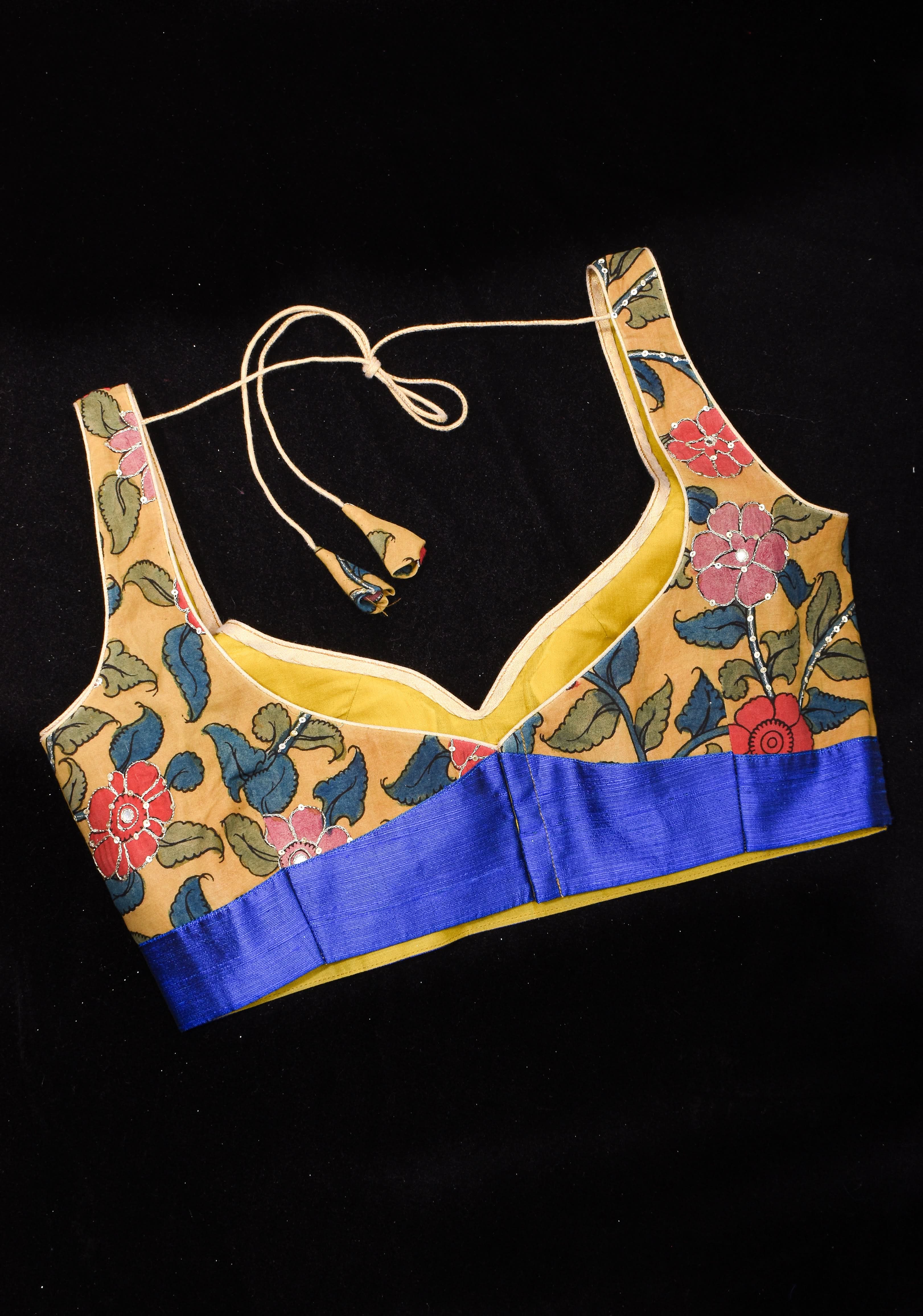 Pen Kalamkari Plunge Neck Blouse in Yellow with light sequin work and blue raw silk contrast, Made to Order | Shobitam