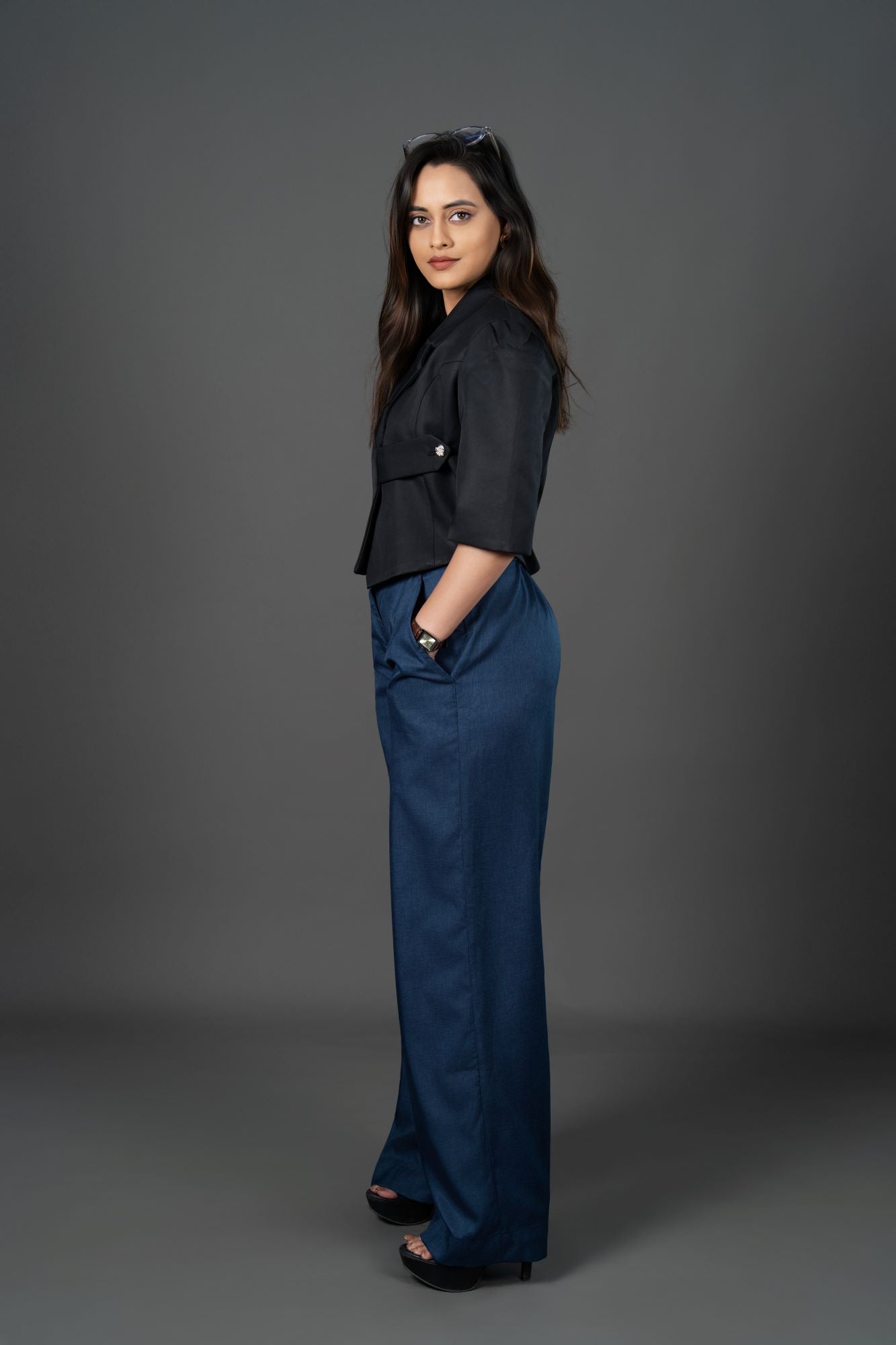 Modern Power Suit: Asymmetric Cropped Jacket with Relaxed Navy Trousers