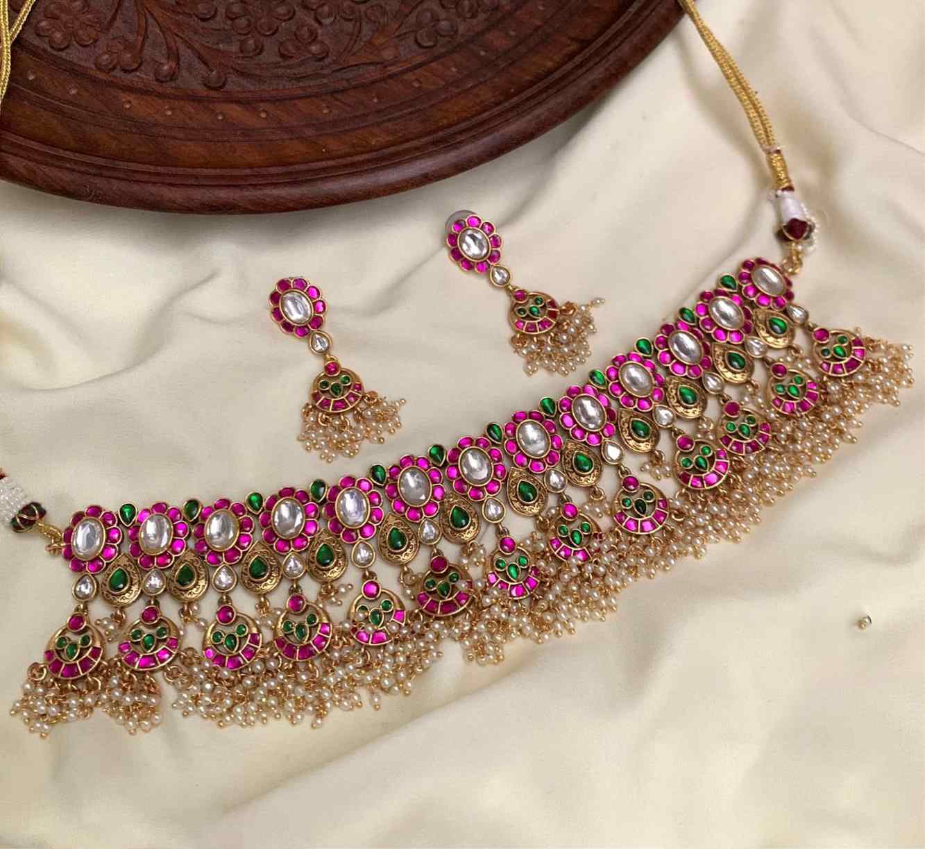 Royal Pink & Green Kundan Beads Jadau Ethnic Choker Necklace Set with Matching Drop Earrings – Exquisite Bridal & Festive Jewelry