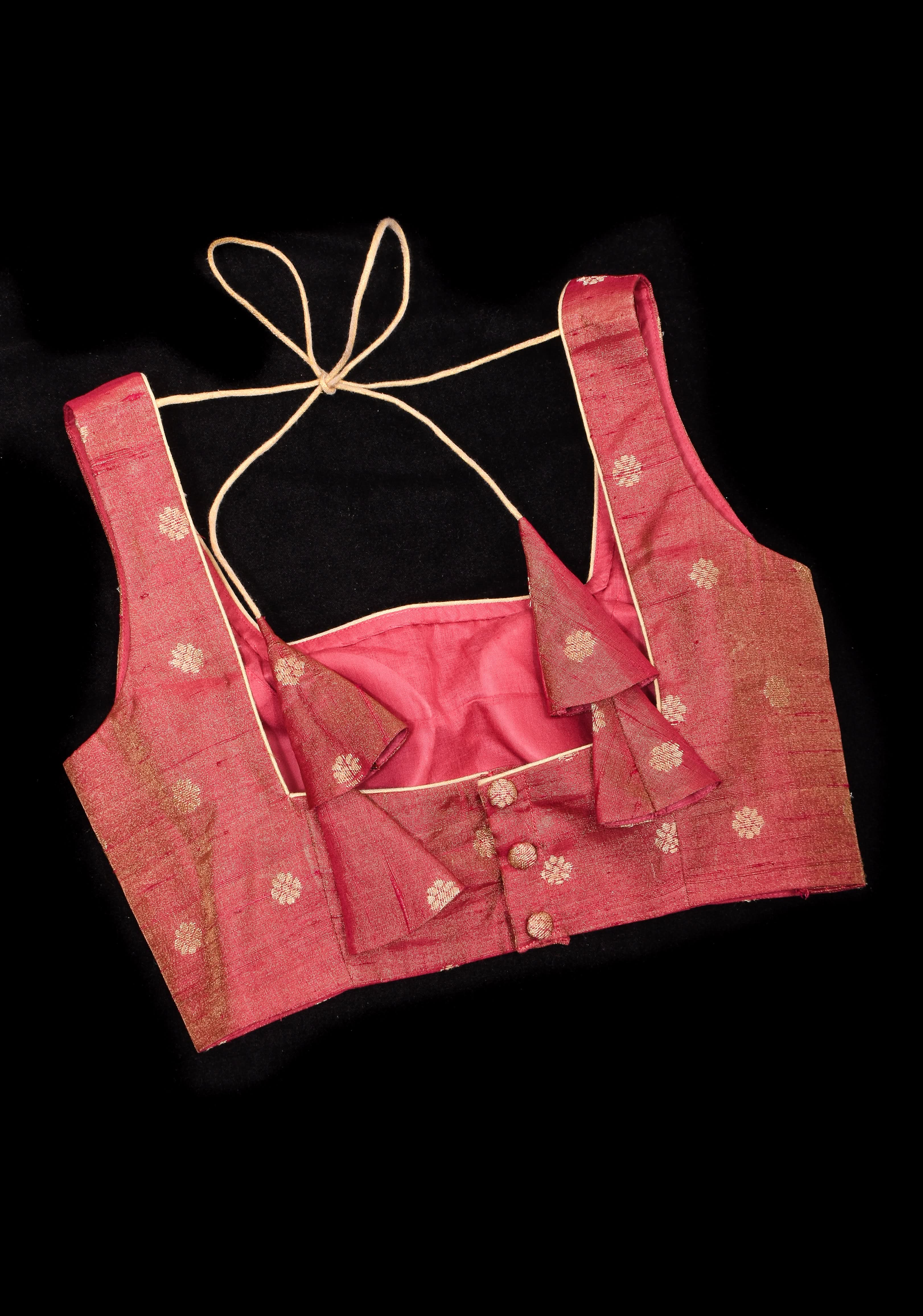 Deep Square Neck Sleeveless blouse in Reddish pink Pure Tissue Raw silk with zari buttas | Shobitam