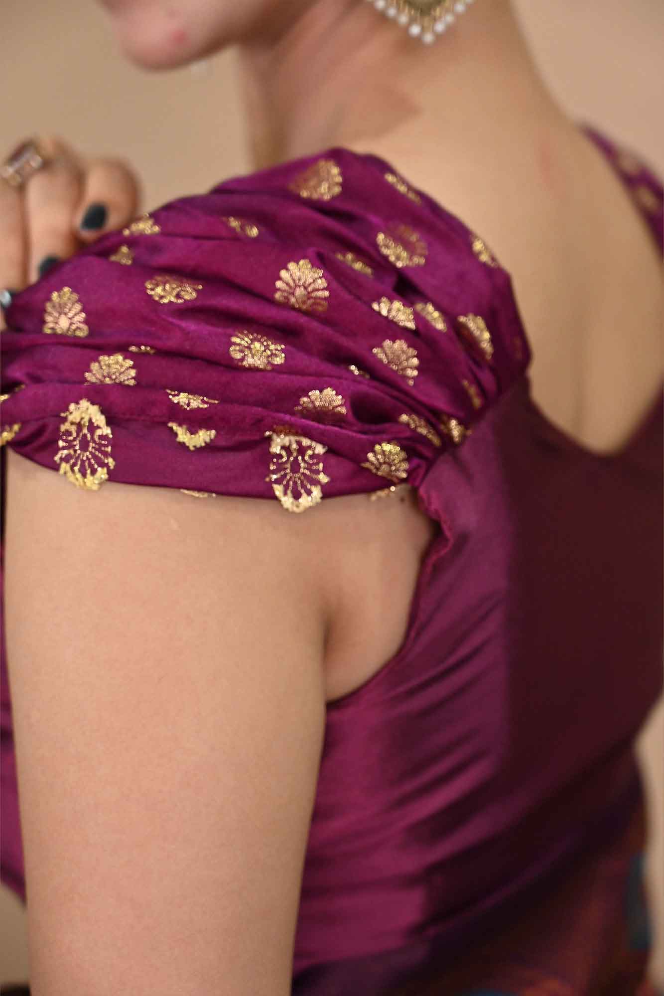 Designer Zari Woven Sleeve With  Round Neck &   Padded  Satin Blouse